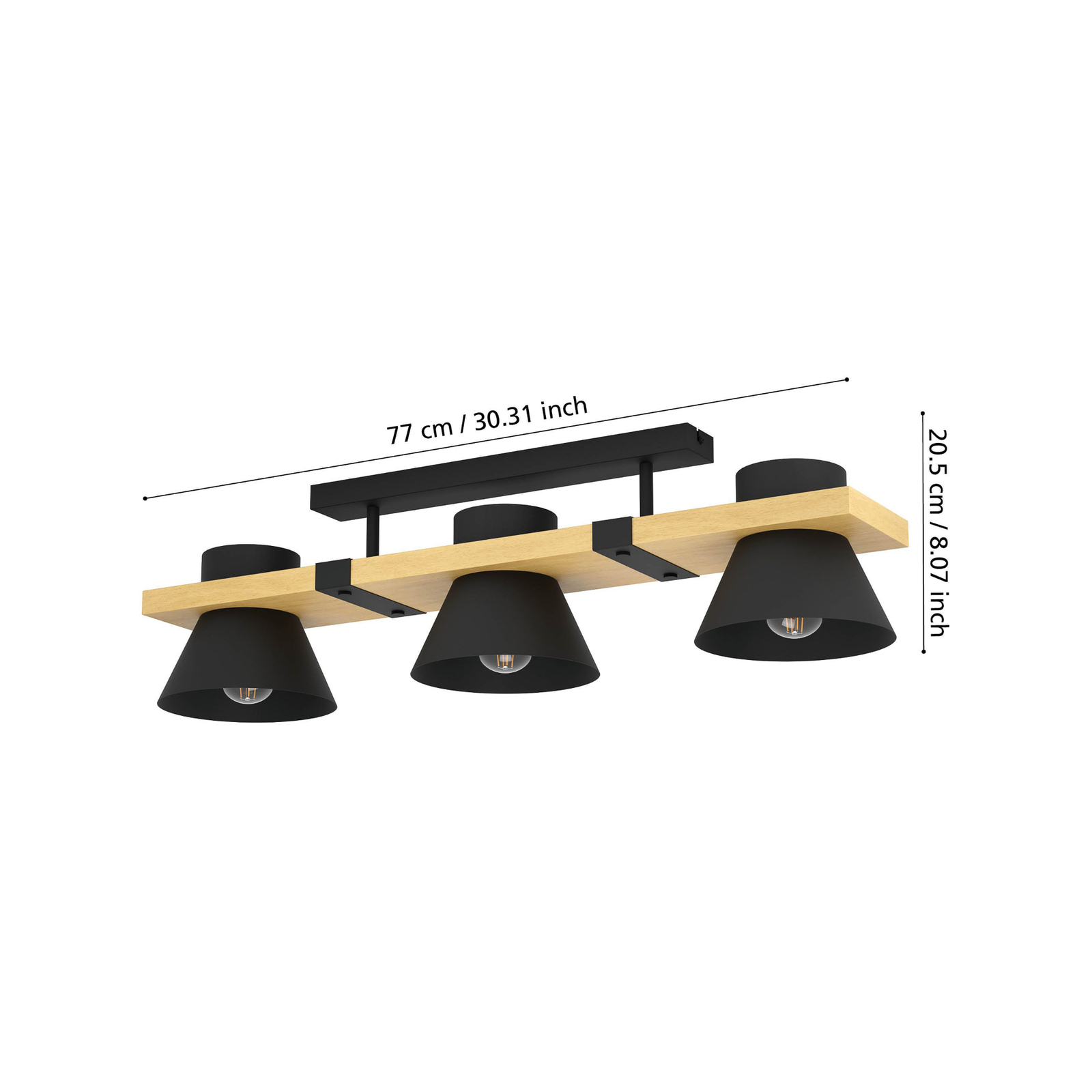 Plafonnier Maccles en noir avec bois, à 3 lampes
