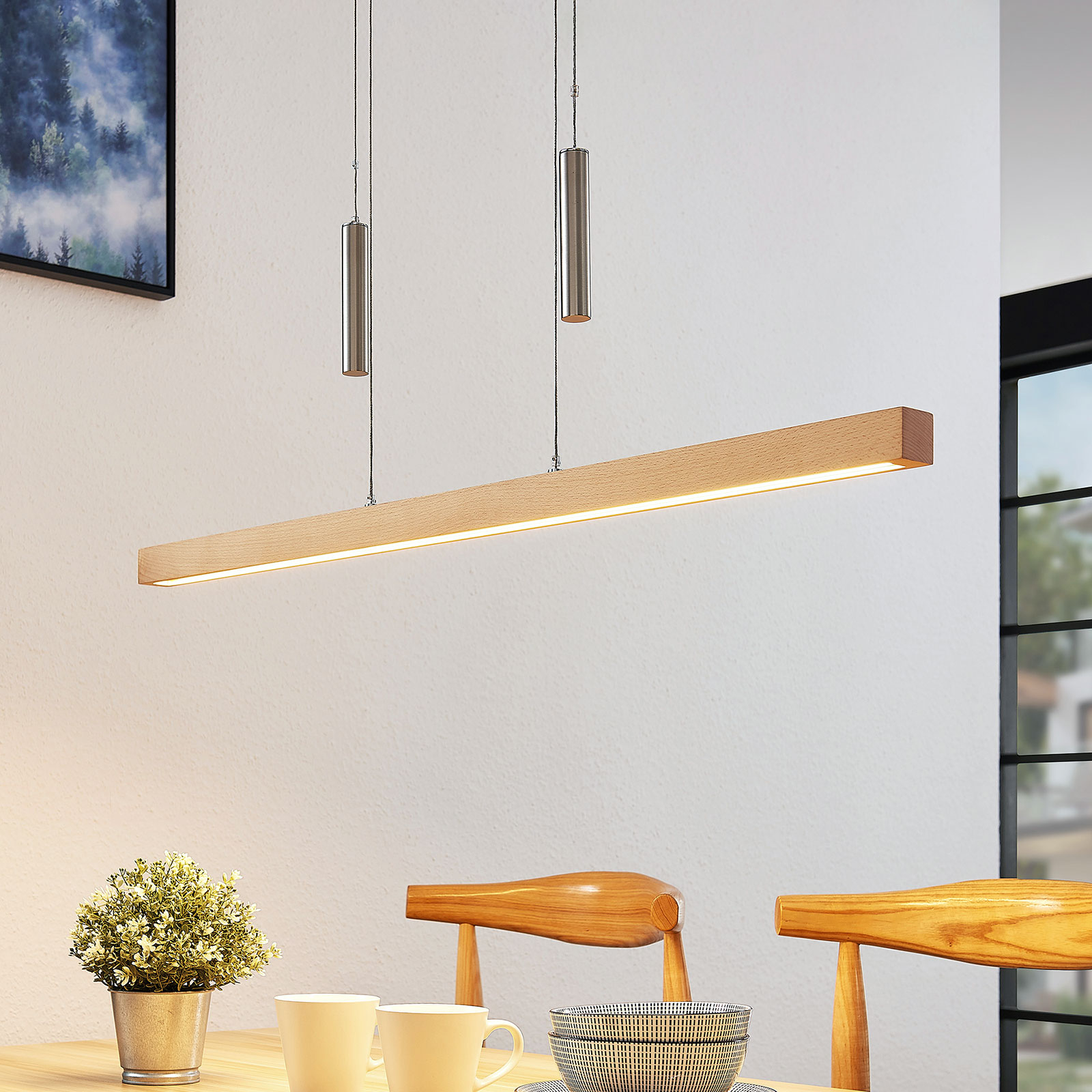 Lucande LED linear pendant light Pia, wood, dimmable, for Living / Dining Room, beech wood, metal, 26 W, energy efficiency: A+, L: 100 cm, W: 4 cm, H: 4 cm