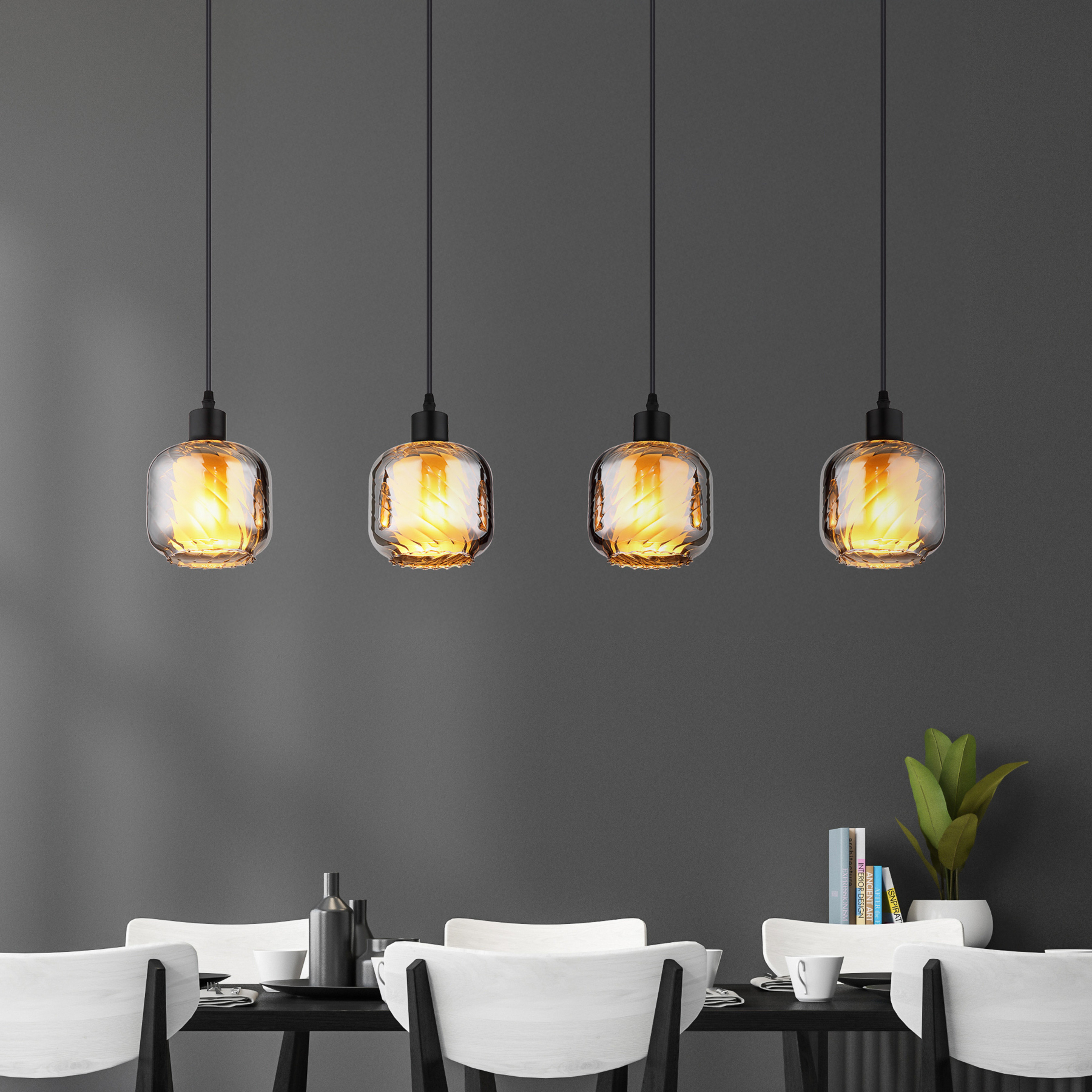 Κρεμαστό φωτιστικό Xia, μήκος 89 cm, γκρι καπνός, 4-φωτιστικό, γυαλί