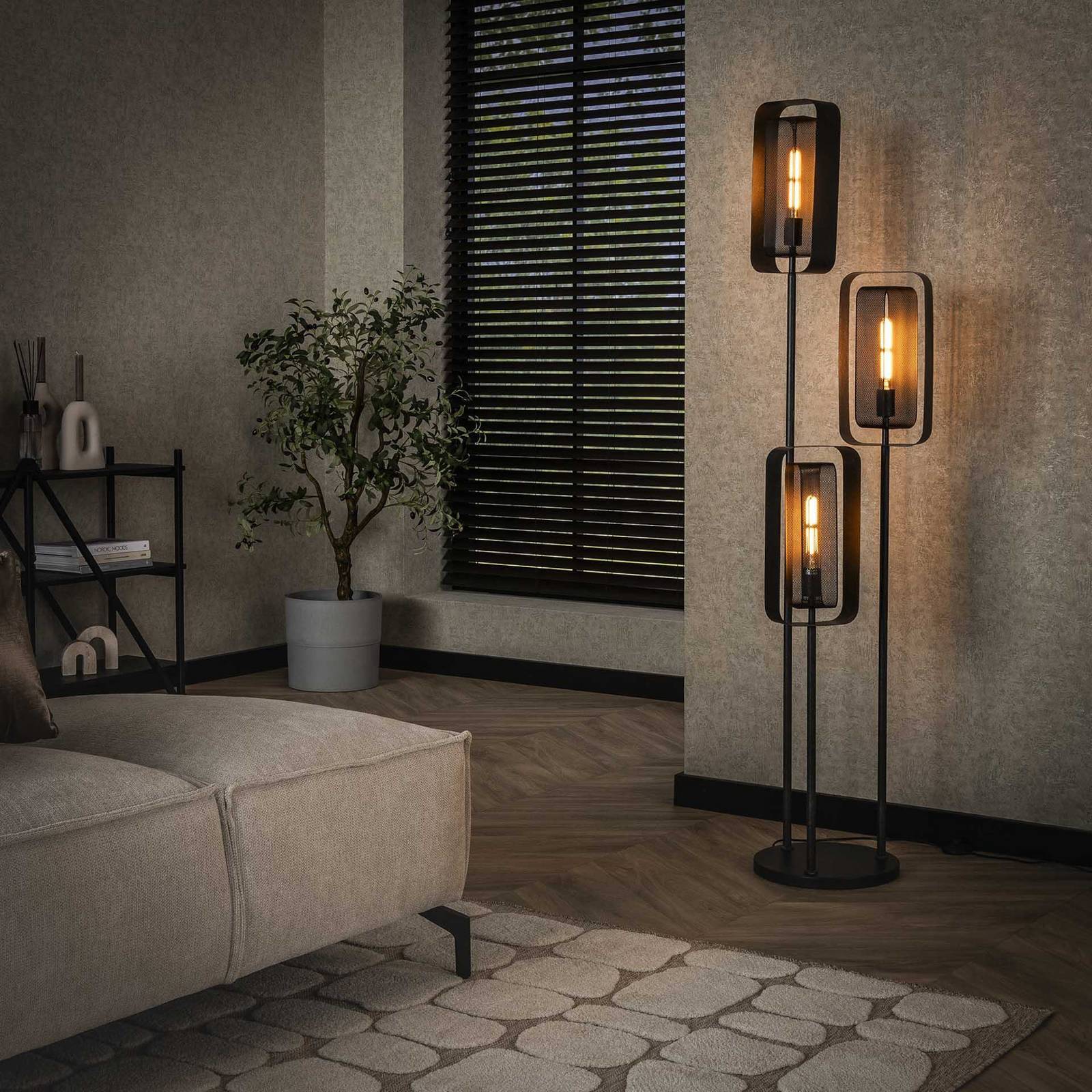 Lampa stojąca Alma, 3-punktowa, czarny, metal, obrotowy klosz z siatki