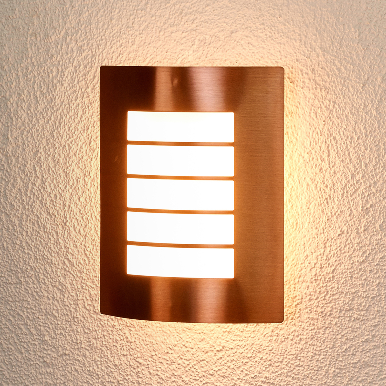 Lindby Copper-coloured outdoor wall lamp Blanka, stainless steel, polycarbonate, E27, 40 W, energy efficiency: A++, W: 22 cm, H: 28 cm