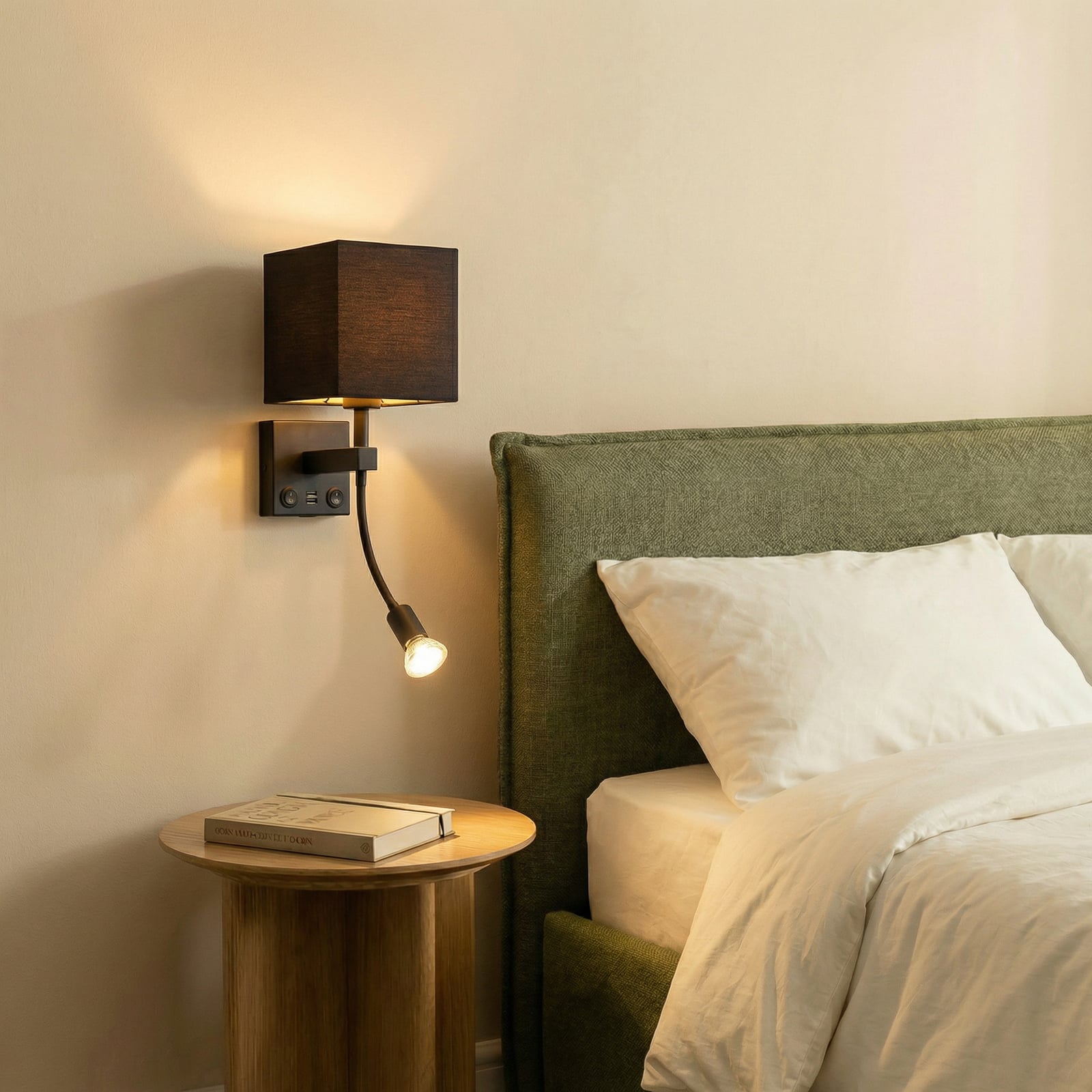 Lindby Wandlampe Thorid, schwarz/gold, Stoff, USB, Leselampe