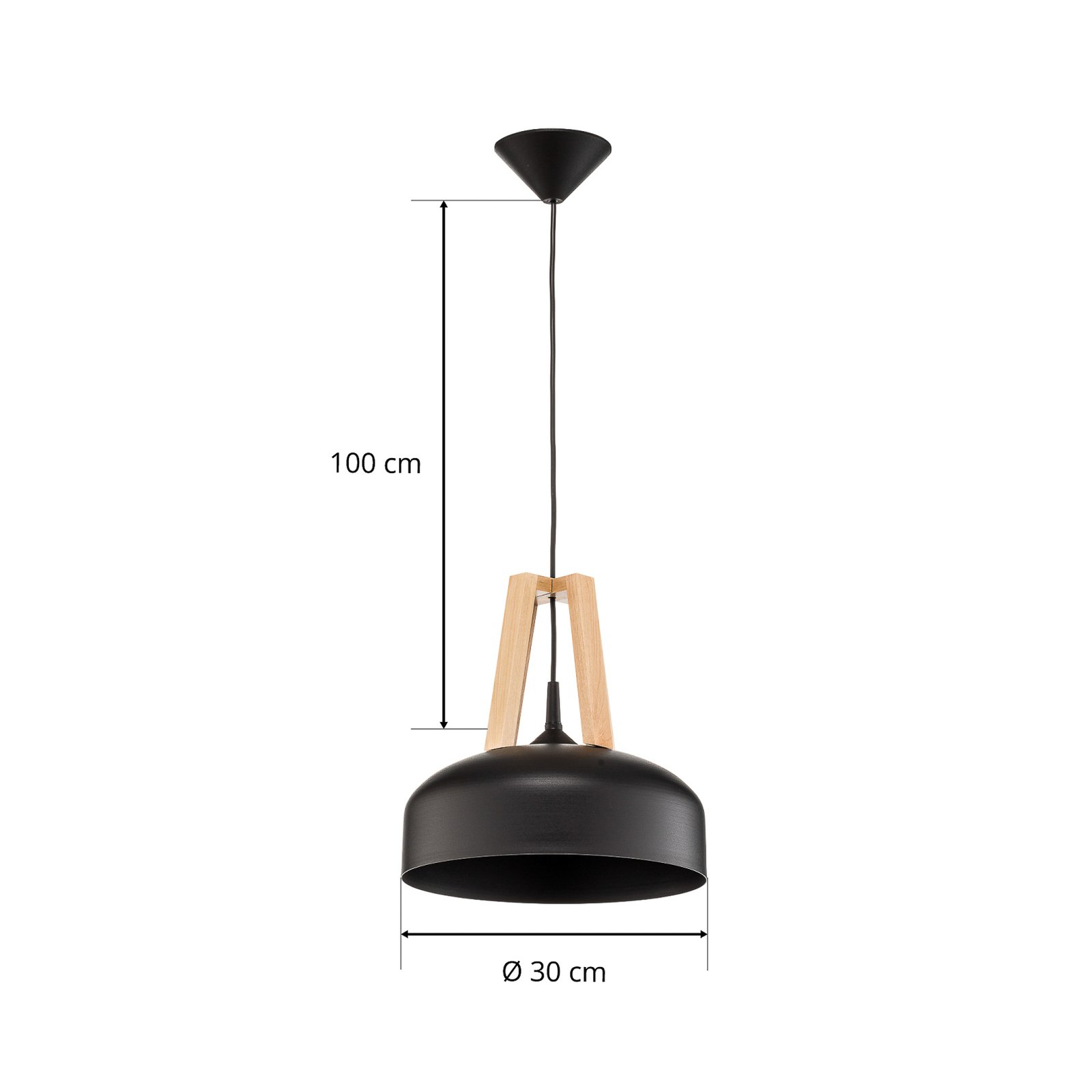 North hanging light, natural wood, black lampshade