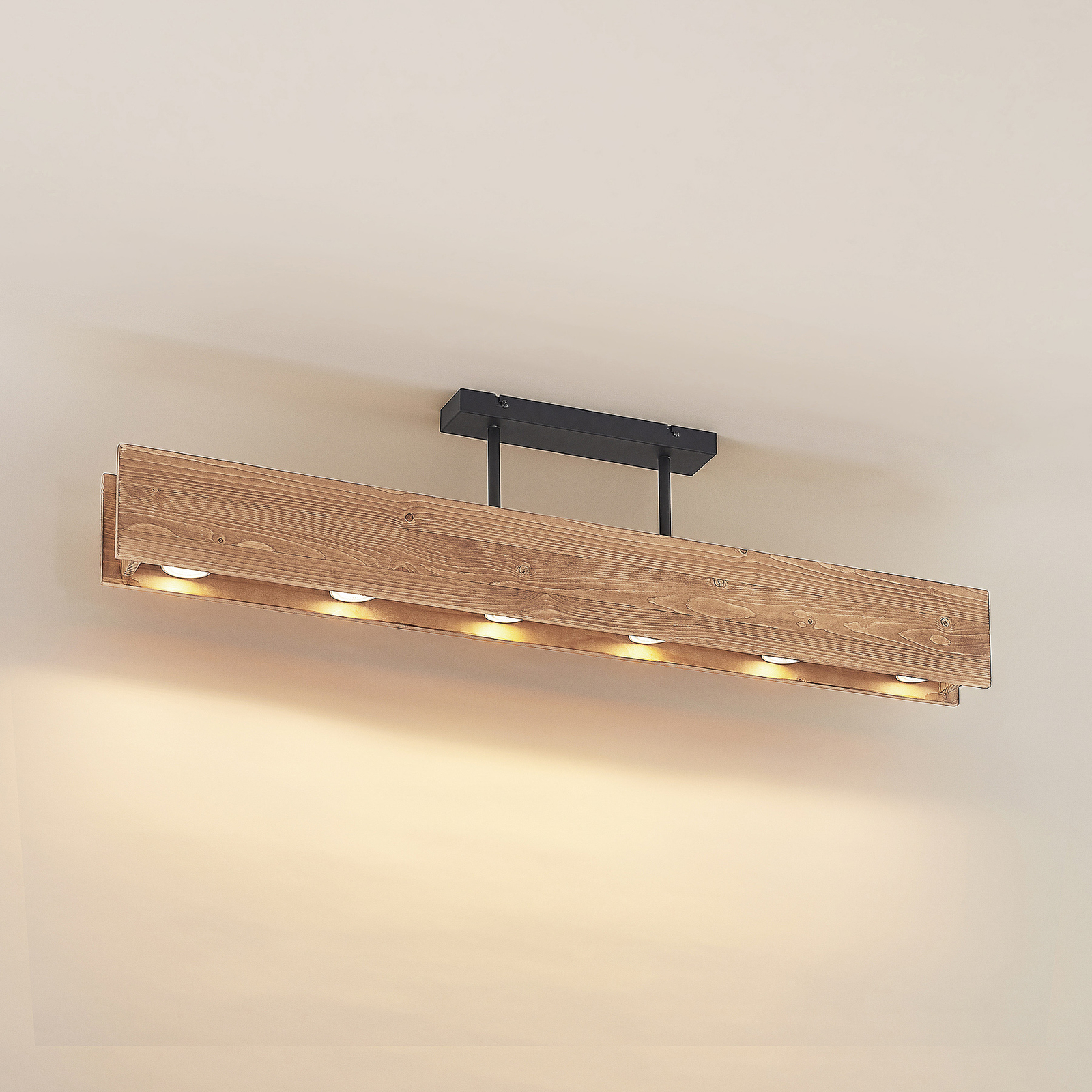 Lindby Malwin houten plafondlamp, lang, 6-lamps GU10