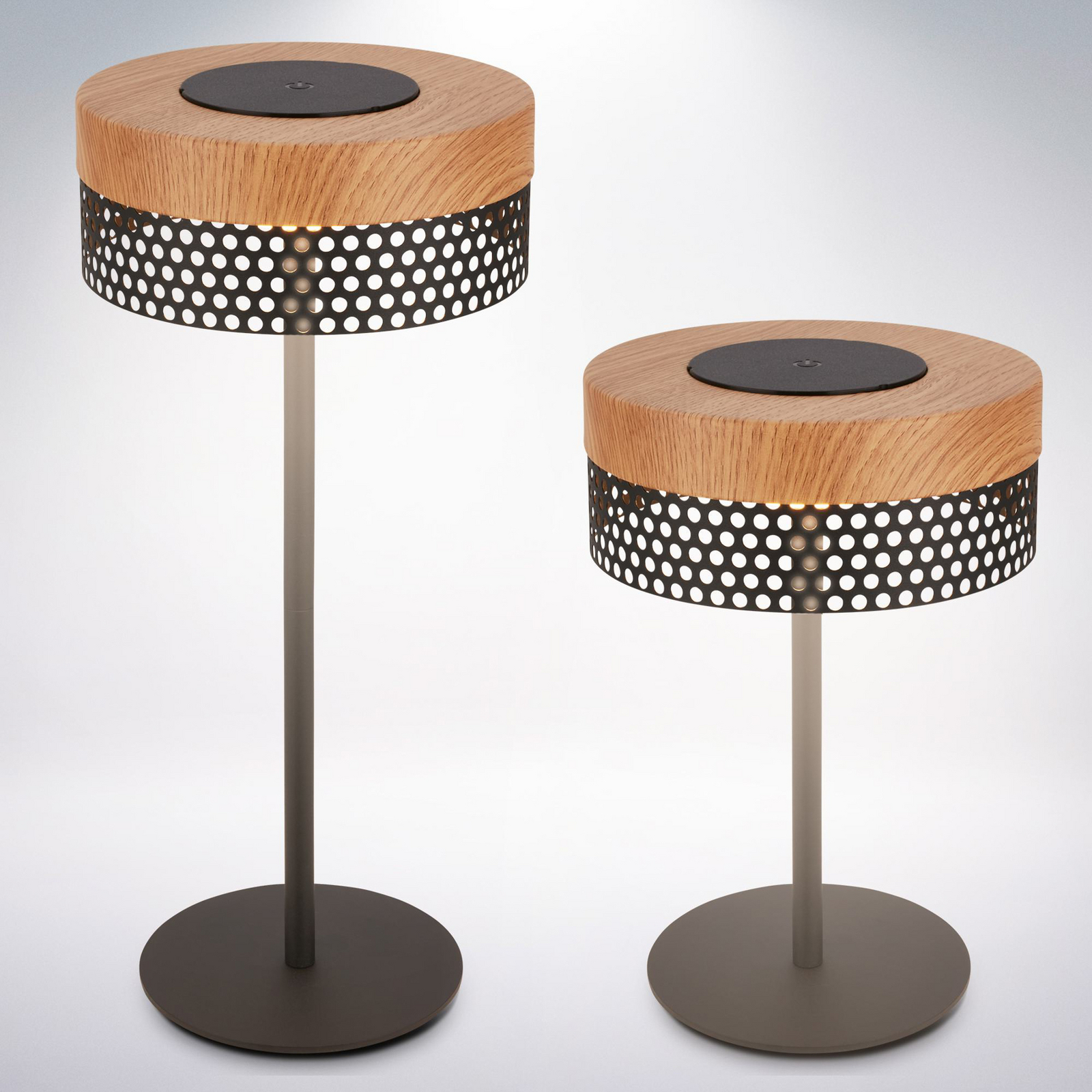 Booha rechargeable table lamp, brown, metal, IP44, dimmable