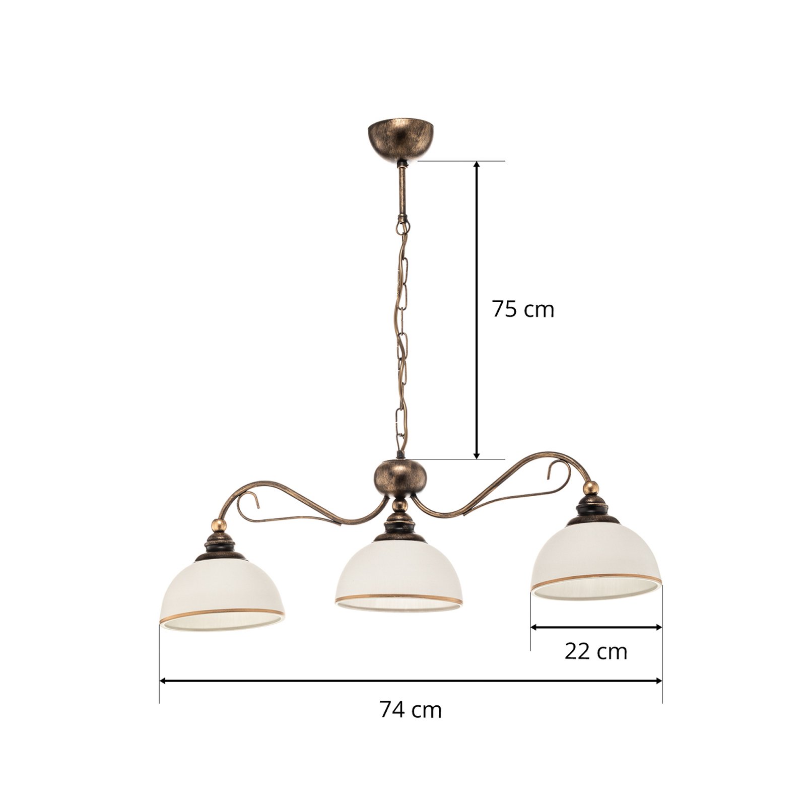 Tankoriippuvalaisin Casale 3-lamppuinen, P 74 cm