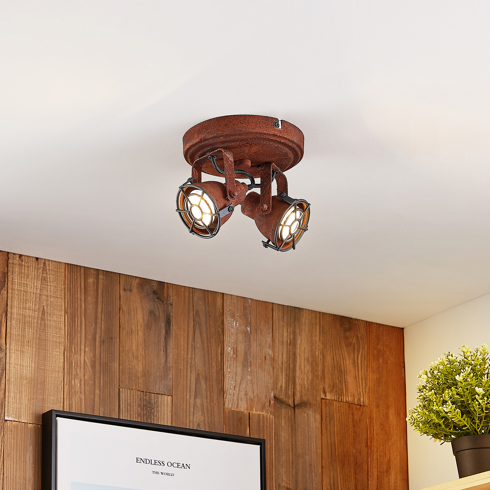 Прожектор за таван Lindby Scabra в ръждив вид, две светлини