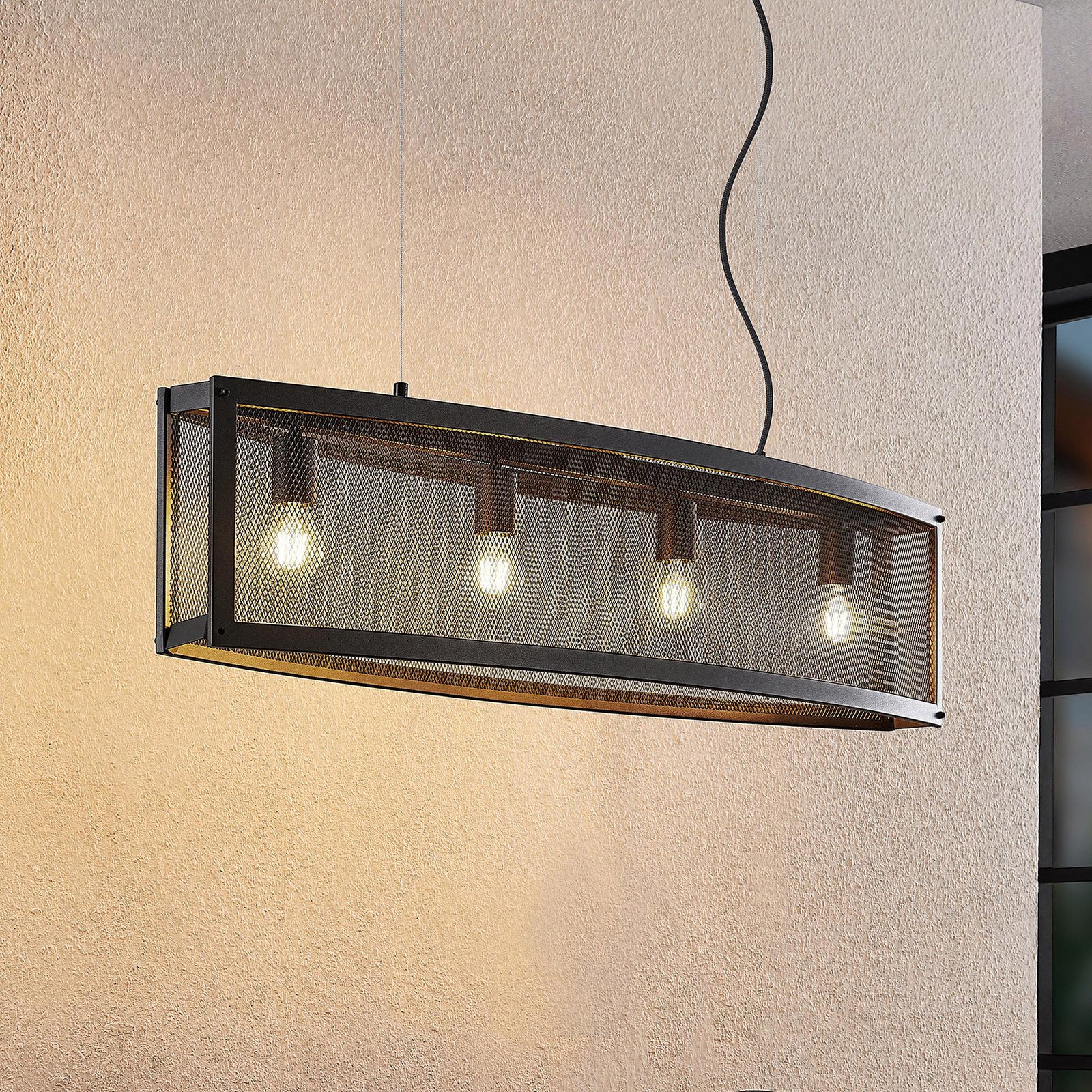 Lindby Mizgin lampă suspendată cu grilă cu 4 becuri - Camera de zi / sufragerie - Casă de țară / Rustic - negru - Metal