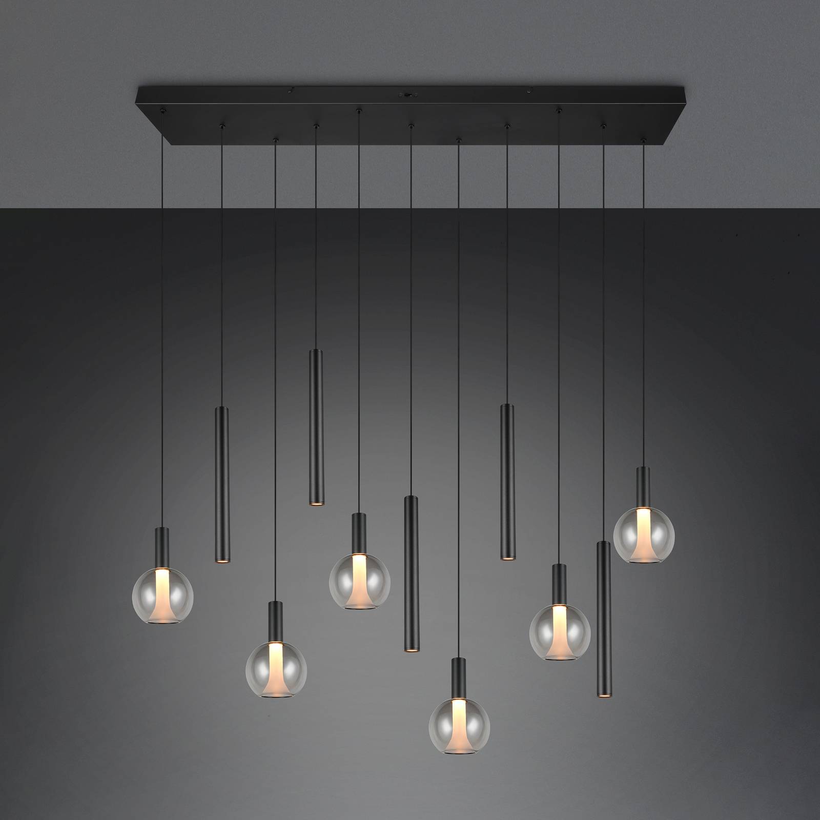 Trio Lighting LED hanglamp Melaro, lengte 120 cm, zwart, metaal/glas, 11-lamps