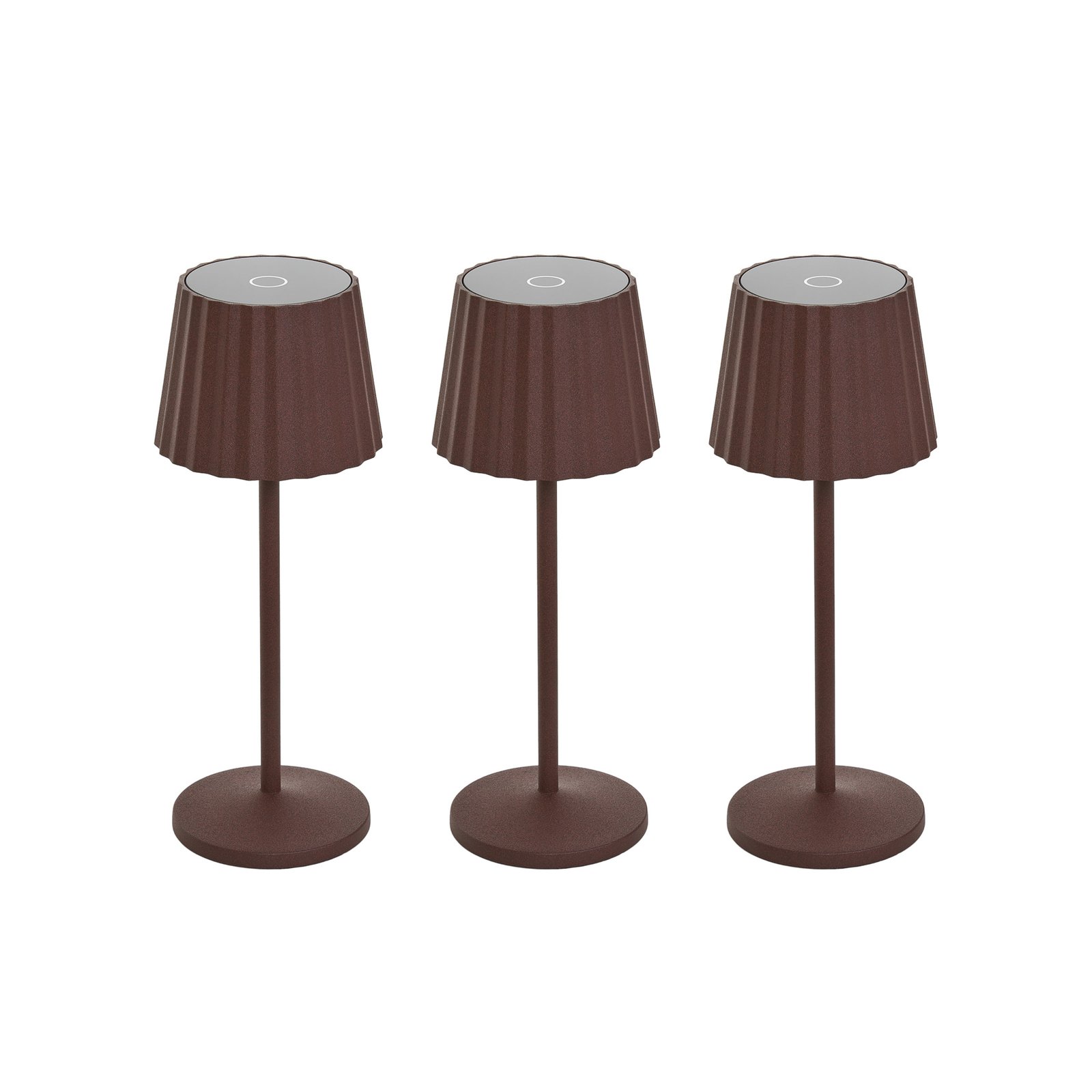 Lindby Lampada da tavolo LED ricaricabile Esali, marrone ruggine, set di 3