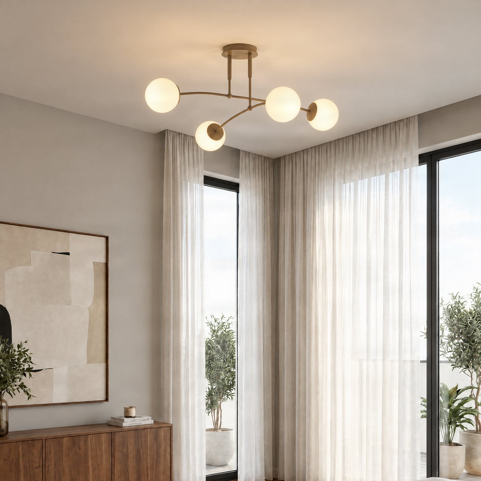 Deckenleuchte Pregos, beige, Ø 60 cm, 4-flg., Metall/Glas
