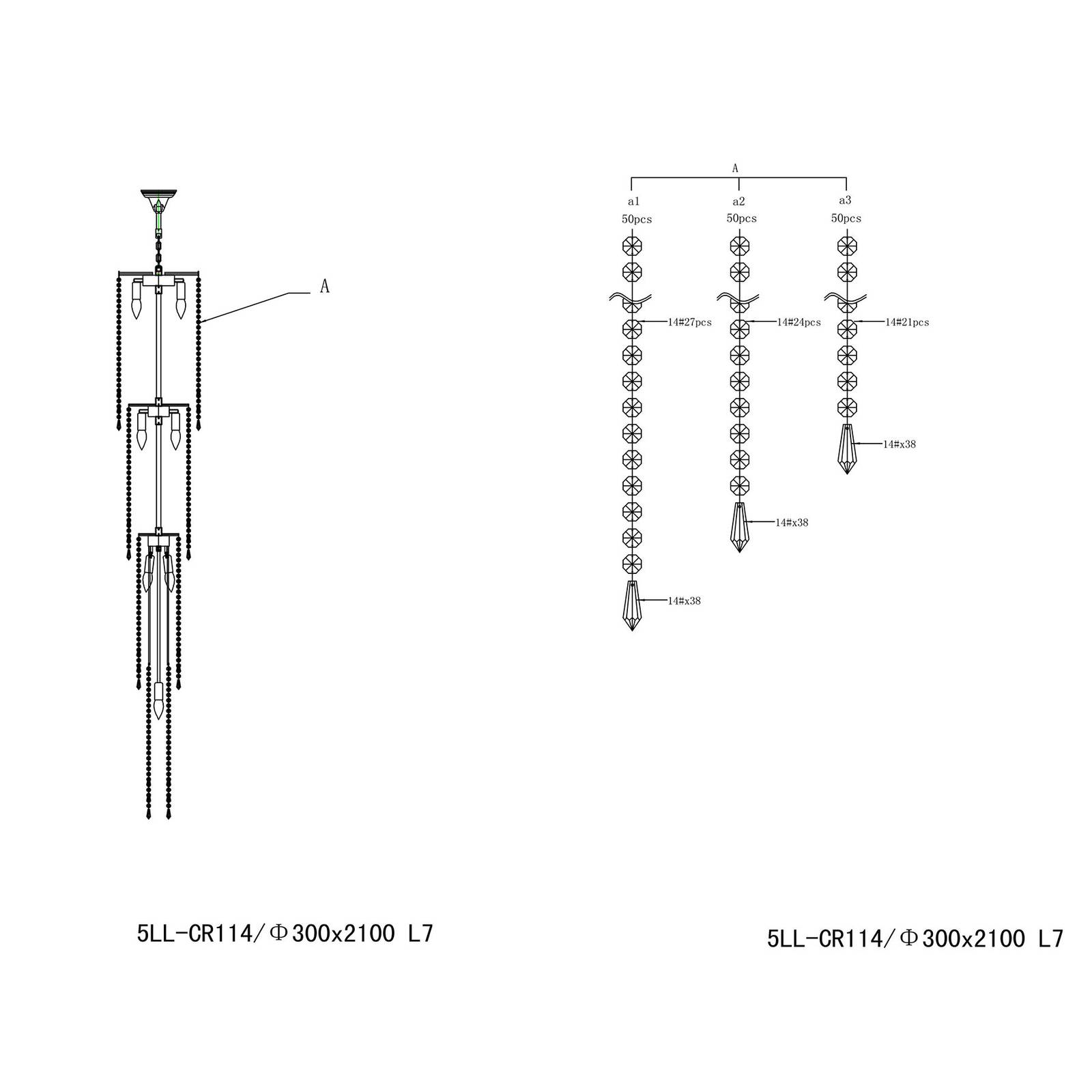 Lampa wisząca CR114 szklane ozdoby, wysokość 210cm