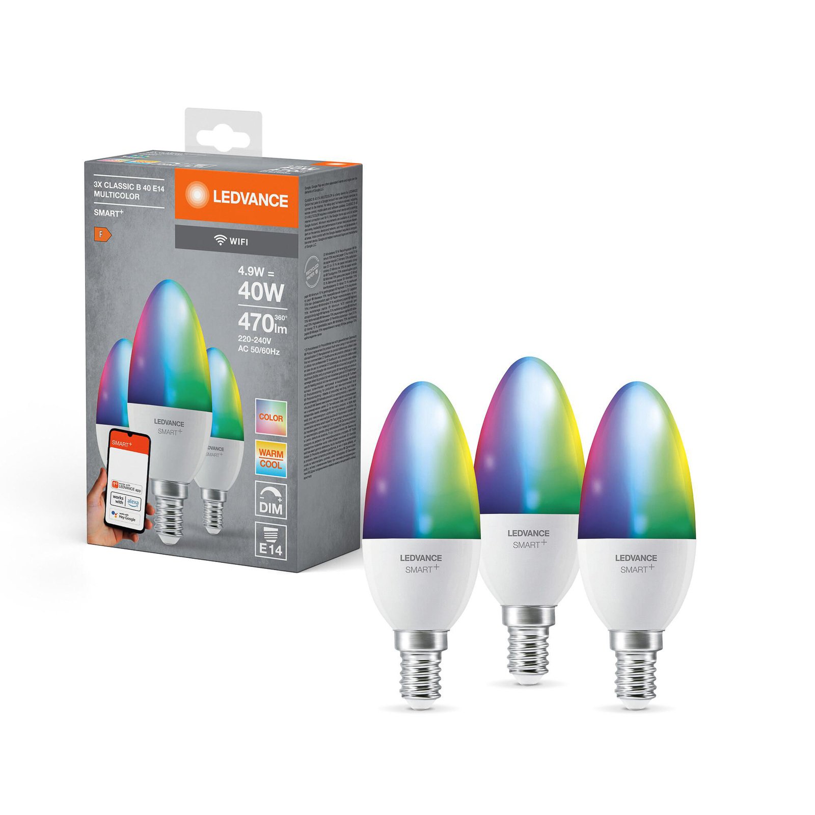 LEDVANCE SMART+ LED, svece, E14, 4,9 W, CCT, RGB, WiFi, 3 gab
