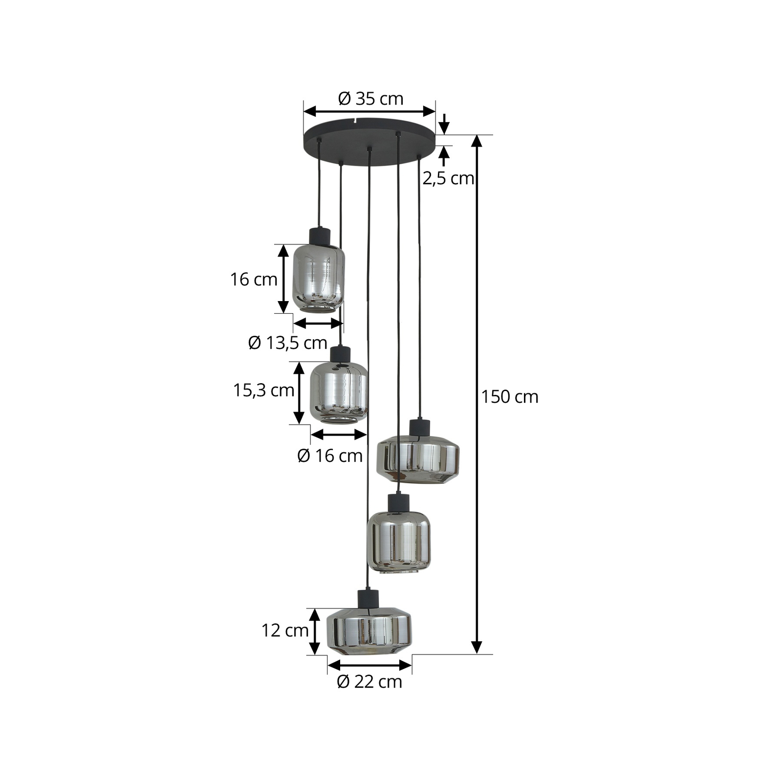 Lindby κρεμαστό φωτιστικό Hildur, Ø 35 cm, γκρι καπνός, γυαλί, E27