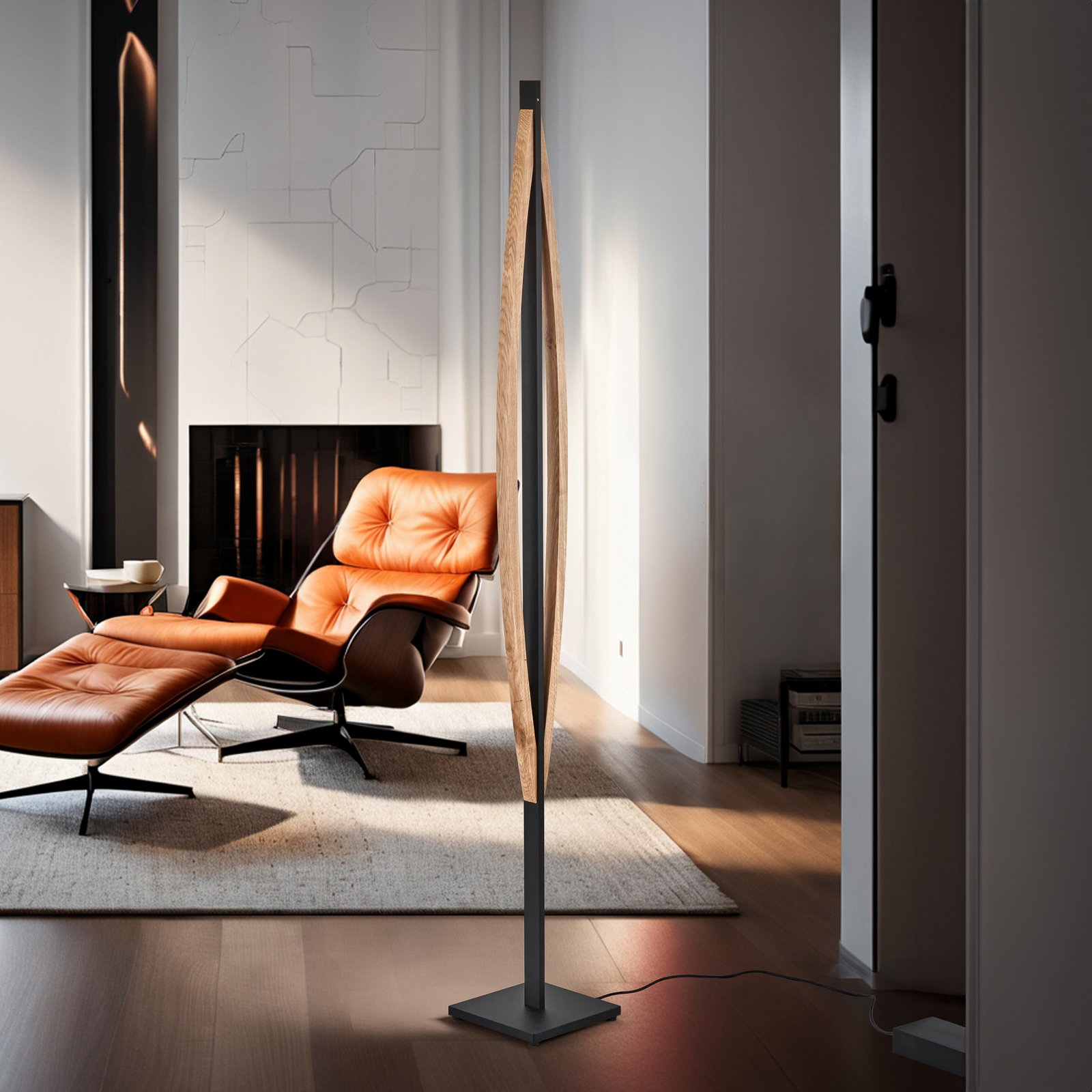 Quitani LED floor lamp Kiera, oak/black matt