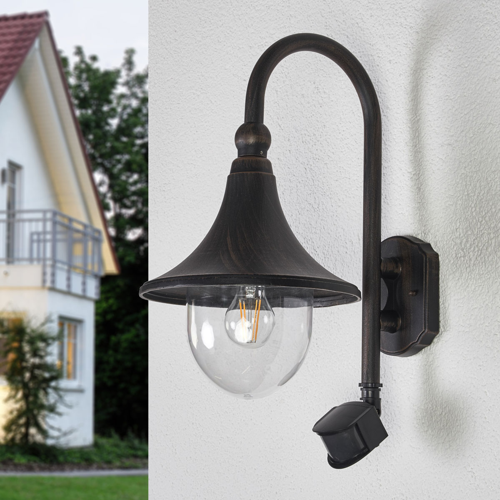 Daphne outdoor wall light, antique black, sensor Lights.ie