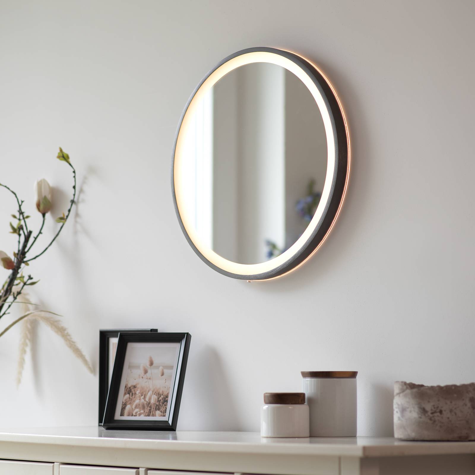 Lustro ścienne LED VIDRO, szare, Ø 46 cm, metal/szkło, przełącznik