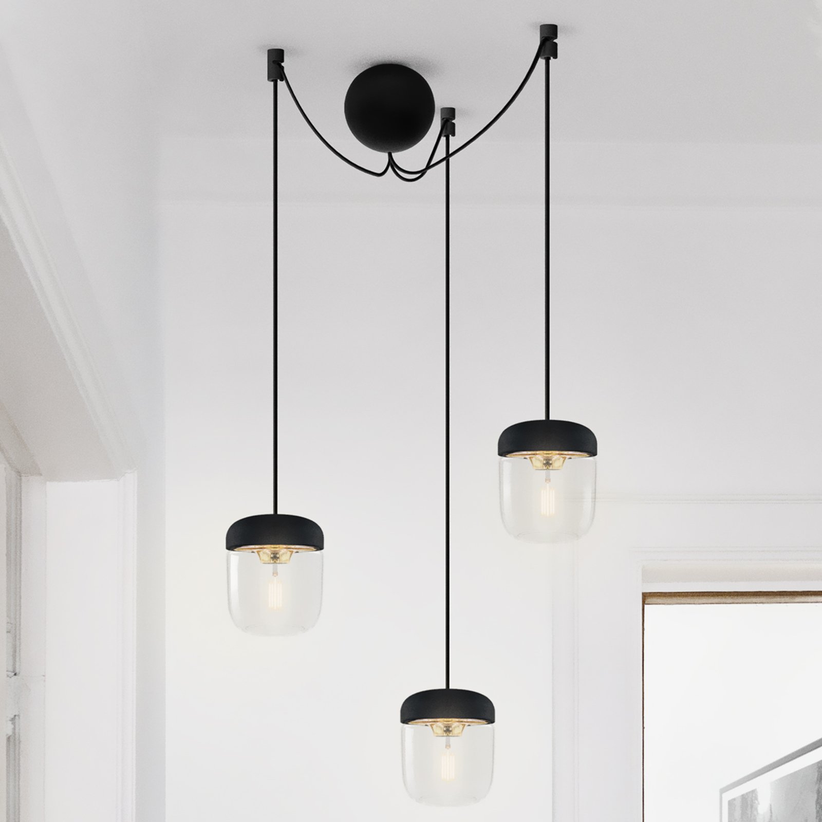 UMAGE Acorn hanging lamp three-bulb black/brass, for Living / Dining Room, glass, silicone, aluminium, plastic, E27, 15 W, energy efficiency: A++