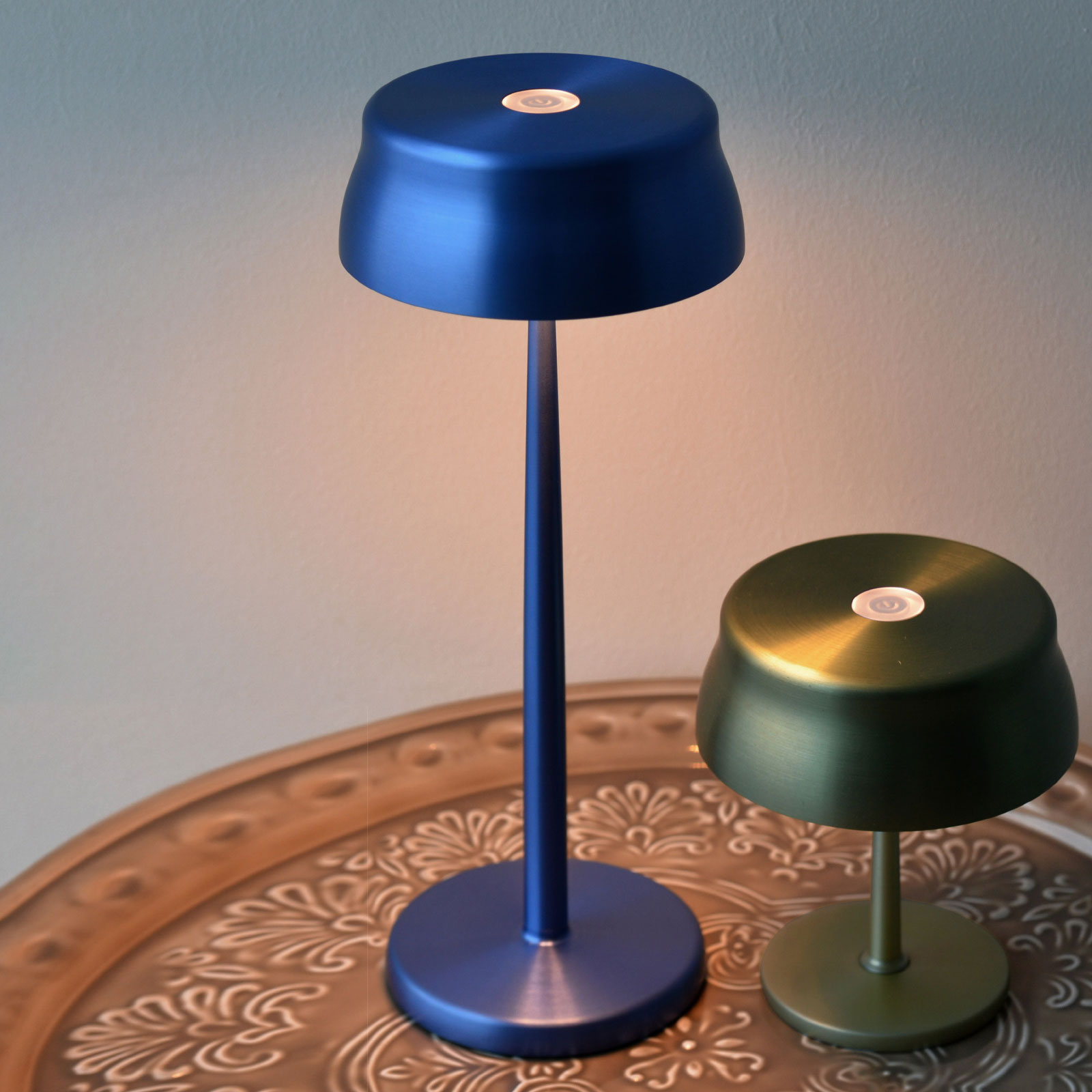 Zafferano Sister Light LED-pöytävalaisin, ladattava akku, sininen