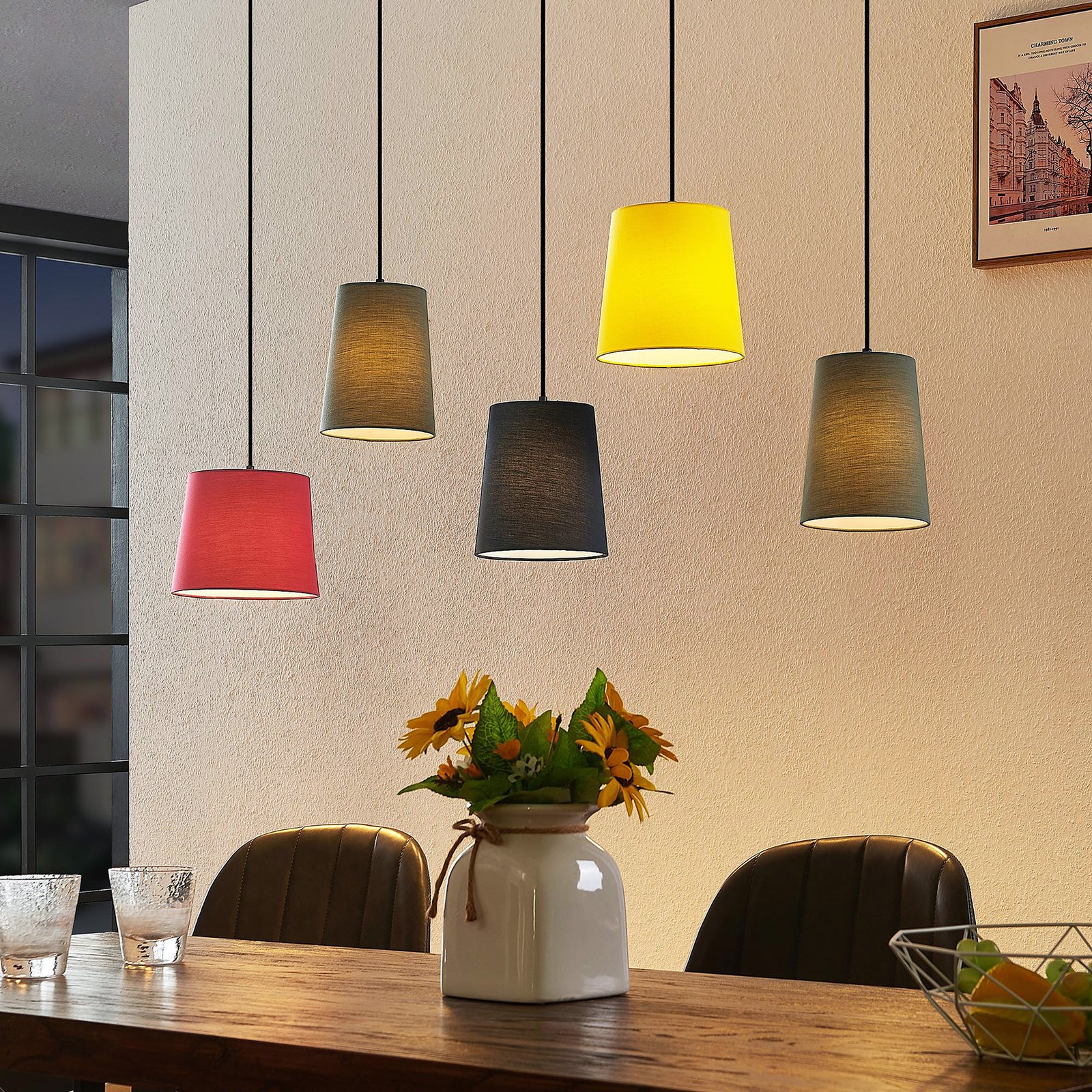 Lindby Amilia hanglamp, kappen bont, 5-lamps