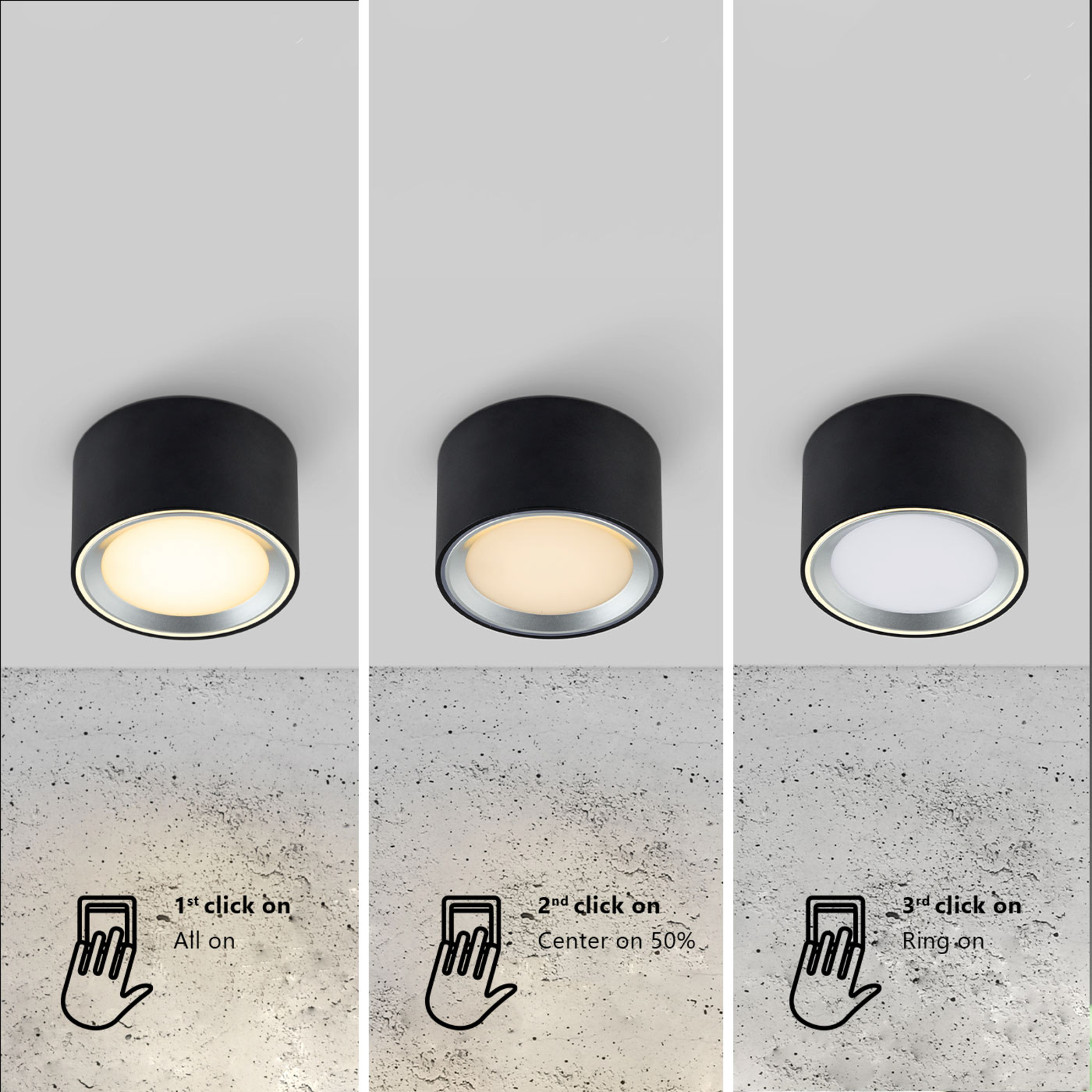 LED downlight Fallon 3-step-dim, černá/ocel