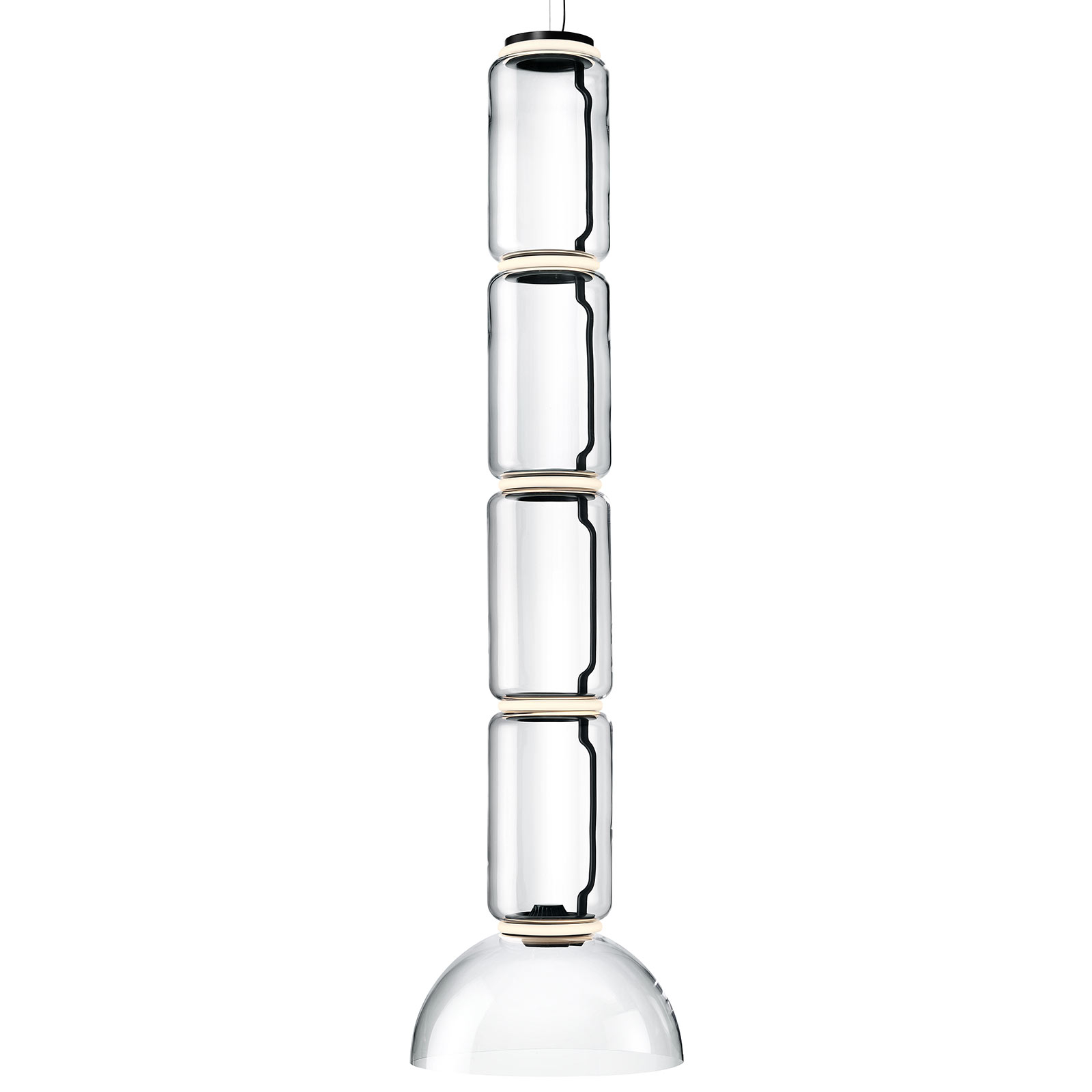 Flos Noctambule hanging lamp 4 low cylinders & bowl, for Living / Dining Room, glass, aluminium, 63 W, energy efficiency: A+, H: 210 cm