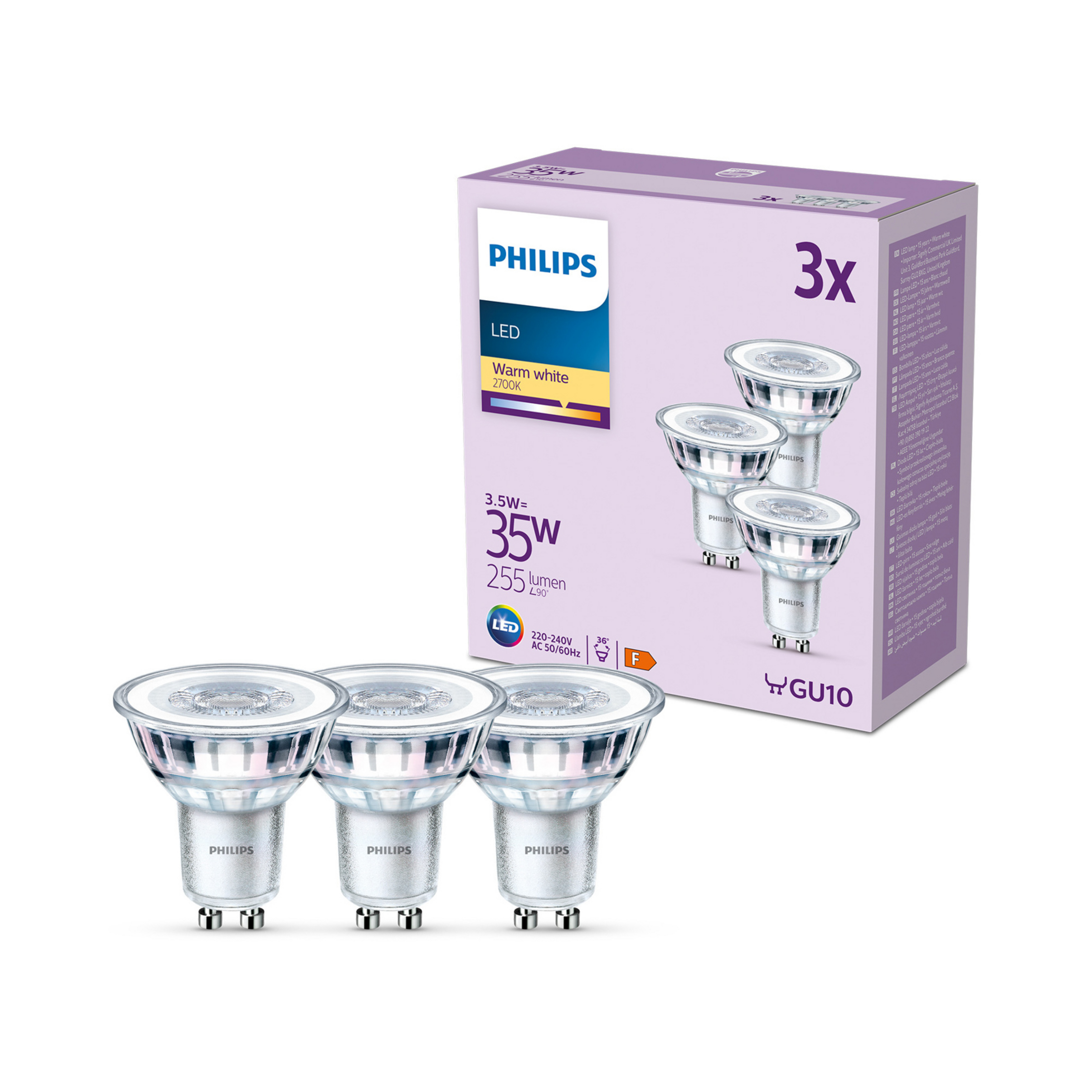 Philips LED-pære GU10 3,5W 255lm 827 klar 36° 3 stk