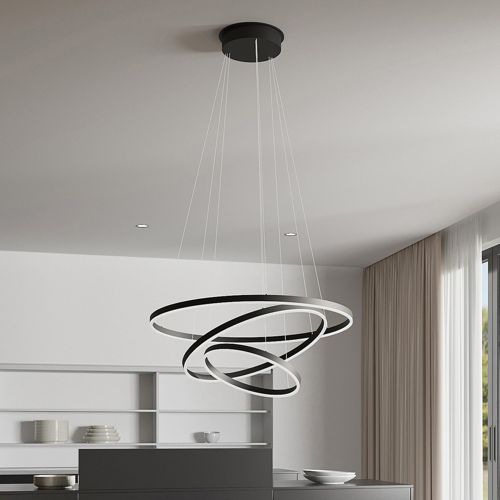 Arcchio Albiona suspension LED, noire, 3 anneaux