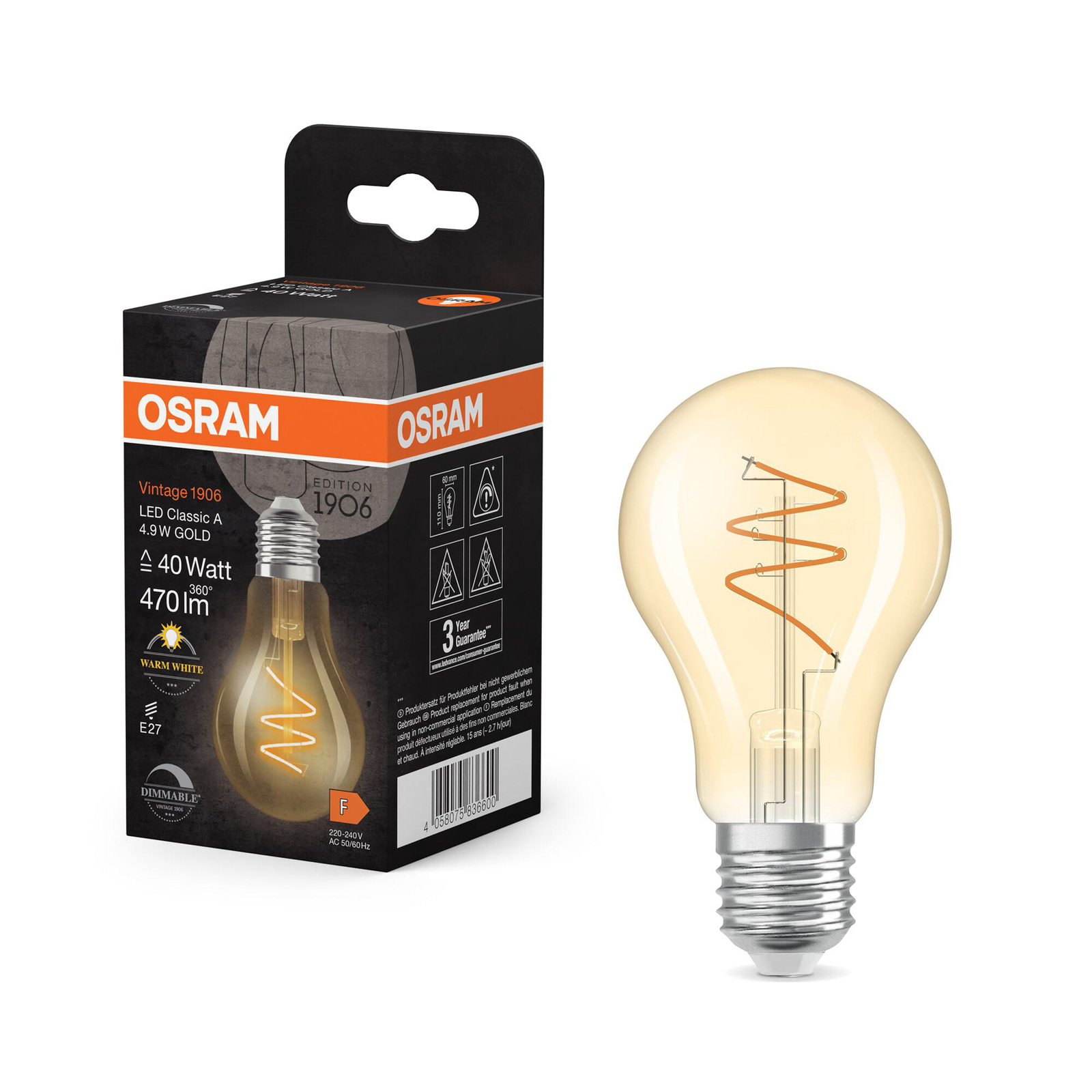 OSRAM LED Vintage E27 4,9W 2.700K Spiraal gloeidraad goud dimbaar