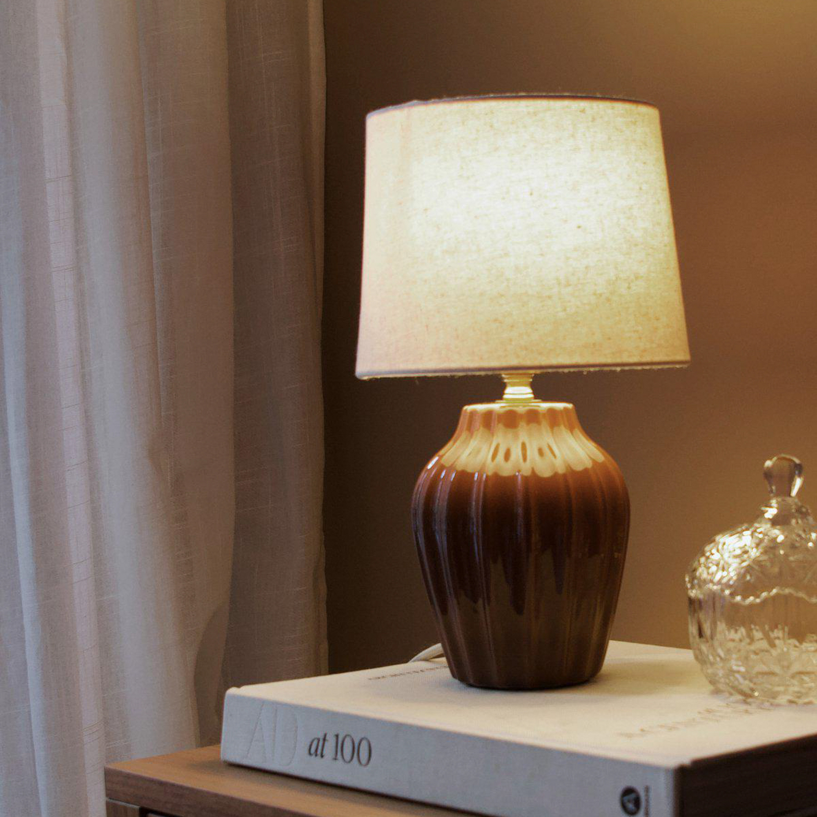 Lampa stołowa Lyon, brązowo-beżowa, wysokość 32 cm, ceramika/len