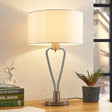 Lucande Gyda Stofftischlampe, nickel satiniert