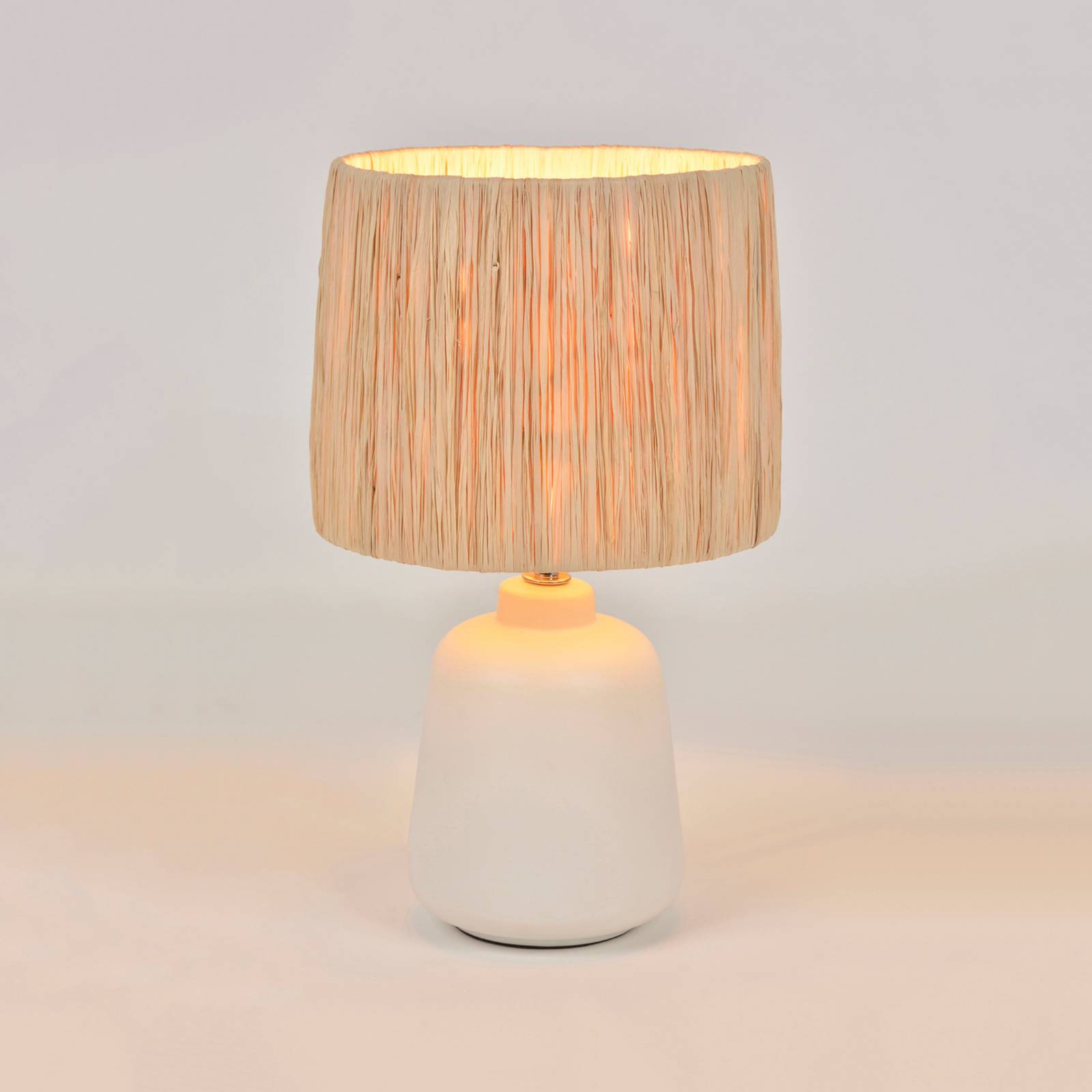 Lampa stołowa Paros, biała/naturalna, wysokość 34 cm, rattan/ceramika