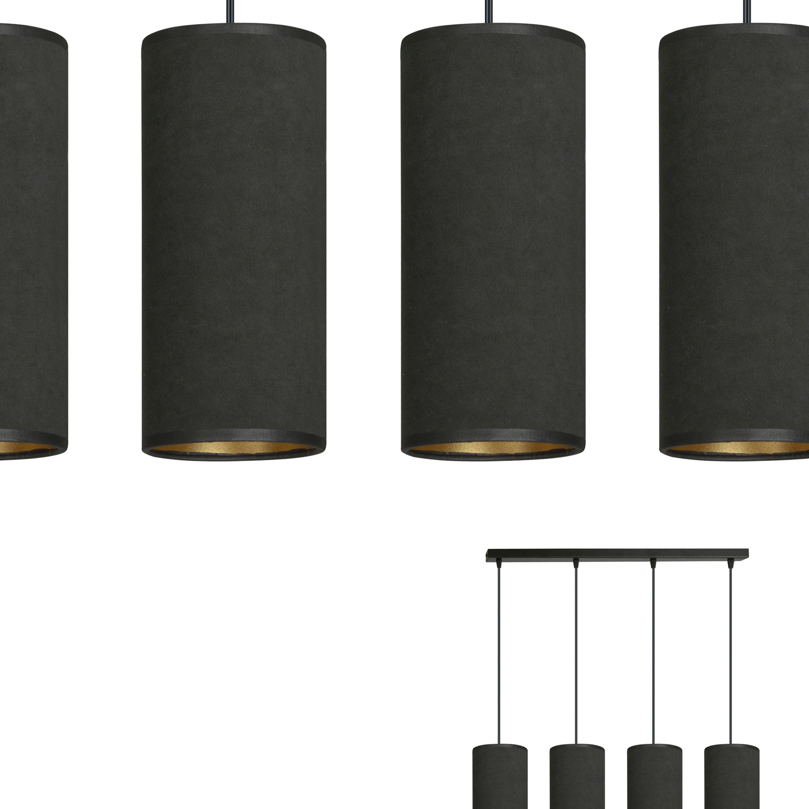Lampa wisząca Joni, tkanina, 4-pkt. długa, czarna