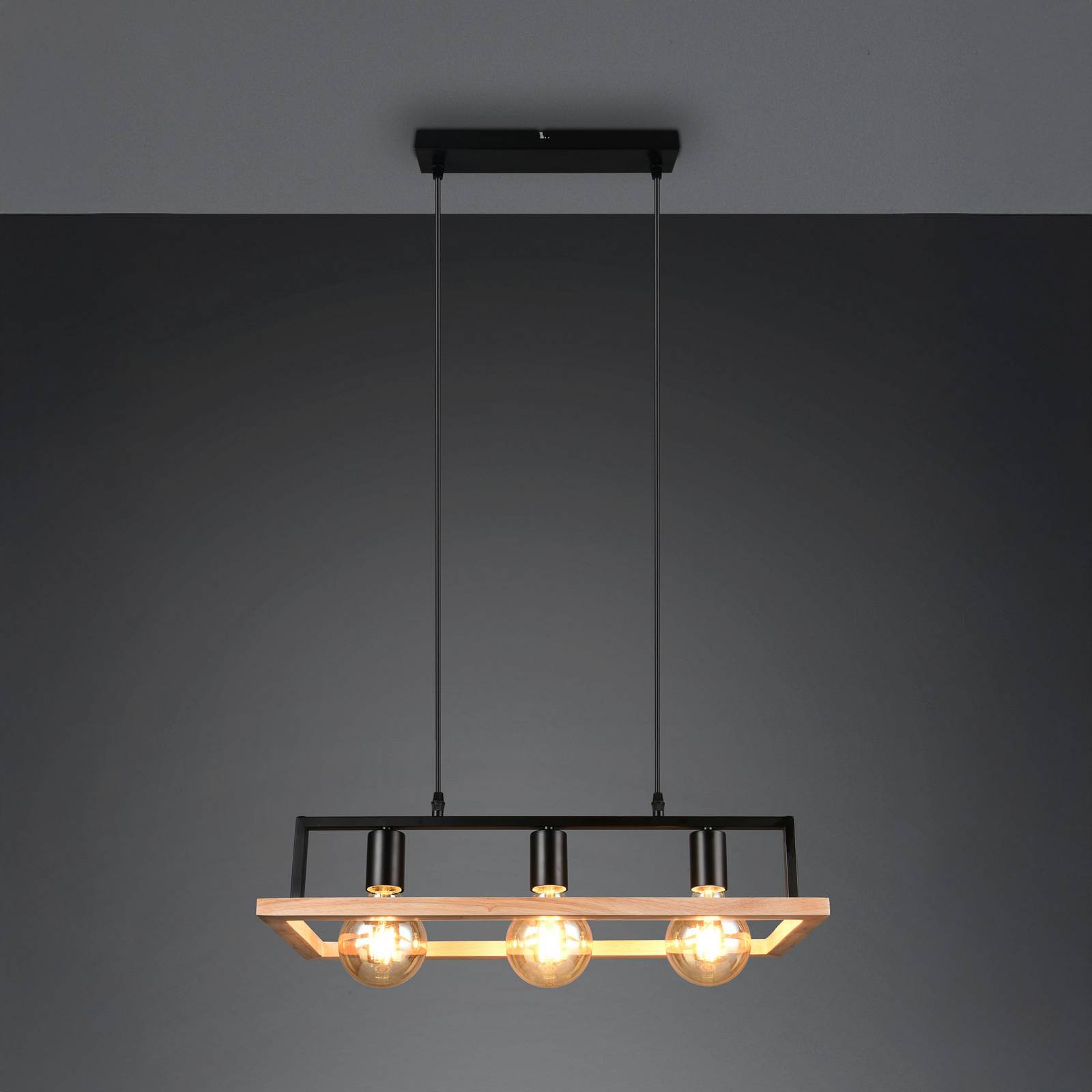 Reality Leuchten Závěsné světlo Bano, dřevo/černá, délka 58 cm, kov, 3 svítidla.