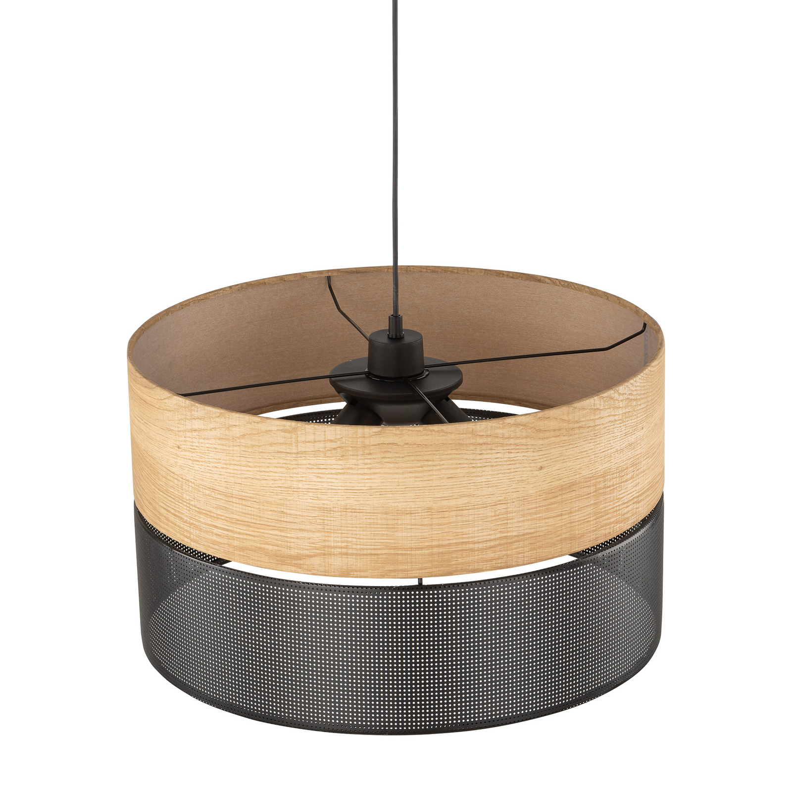 Nicol hængelampe, sort/træ-effekt, Ø 50 cm, 1-lys, 3 x E27