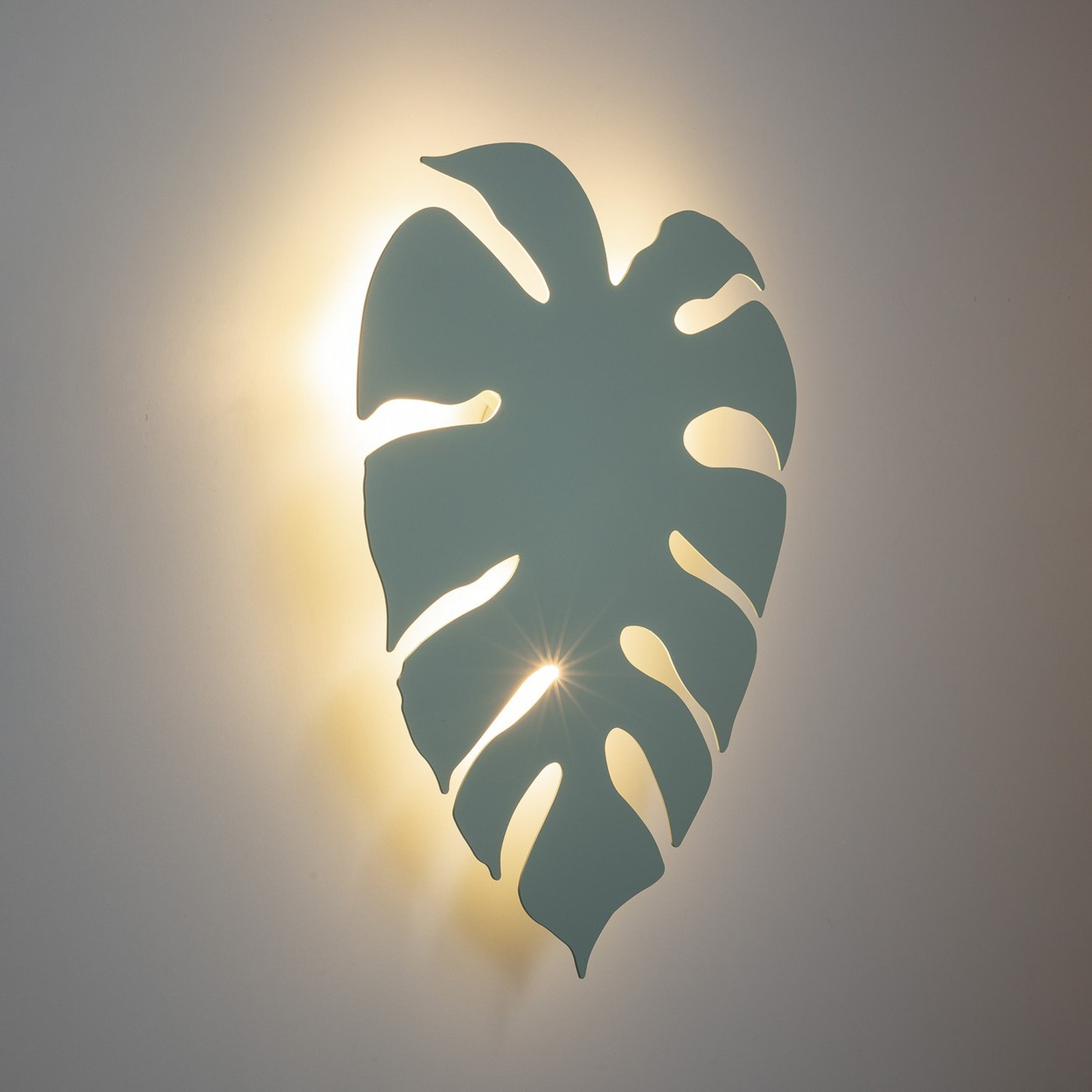 Стенна лампа Monstera, форма на листо, 3 x G9, стомана, ментово зелено