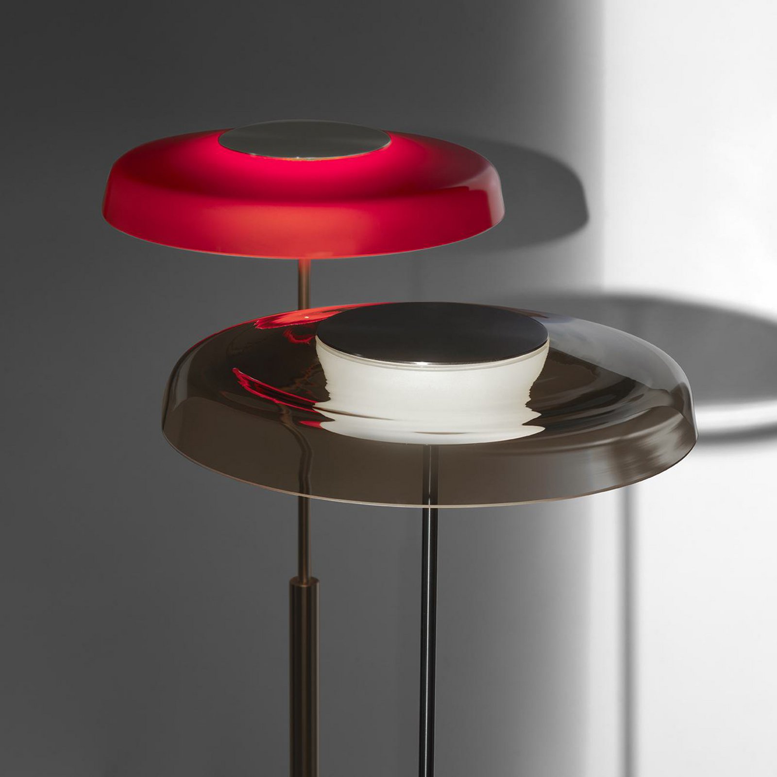 Oluce LED floor lamp Dora, nickel/smoke grey, metal, PMMA
