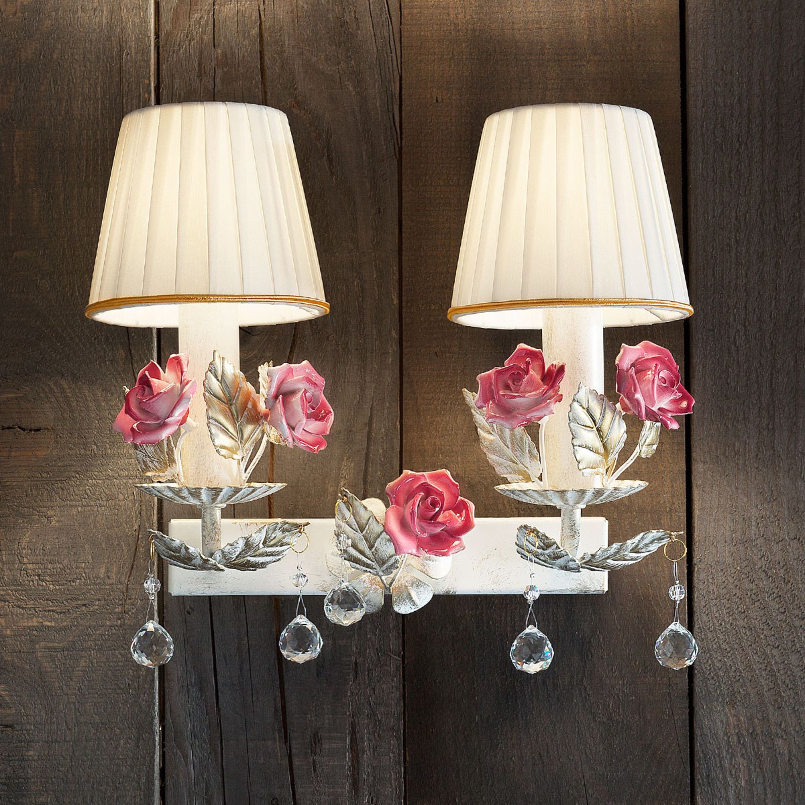Masiero Fiore 2-bulb wall light, for Living / Dining Room, metal, crystal, ceramics, fabric, E14, 40 W, energy efficiency: A++, L: 32 cm, H: 28 cm