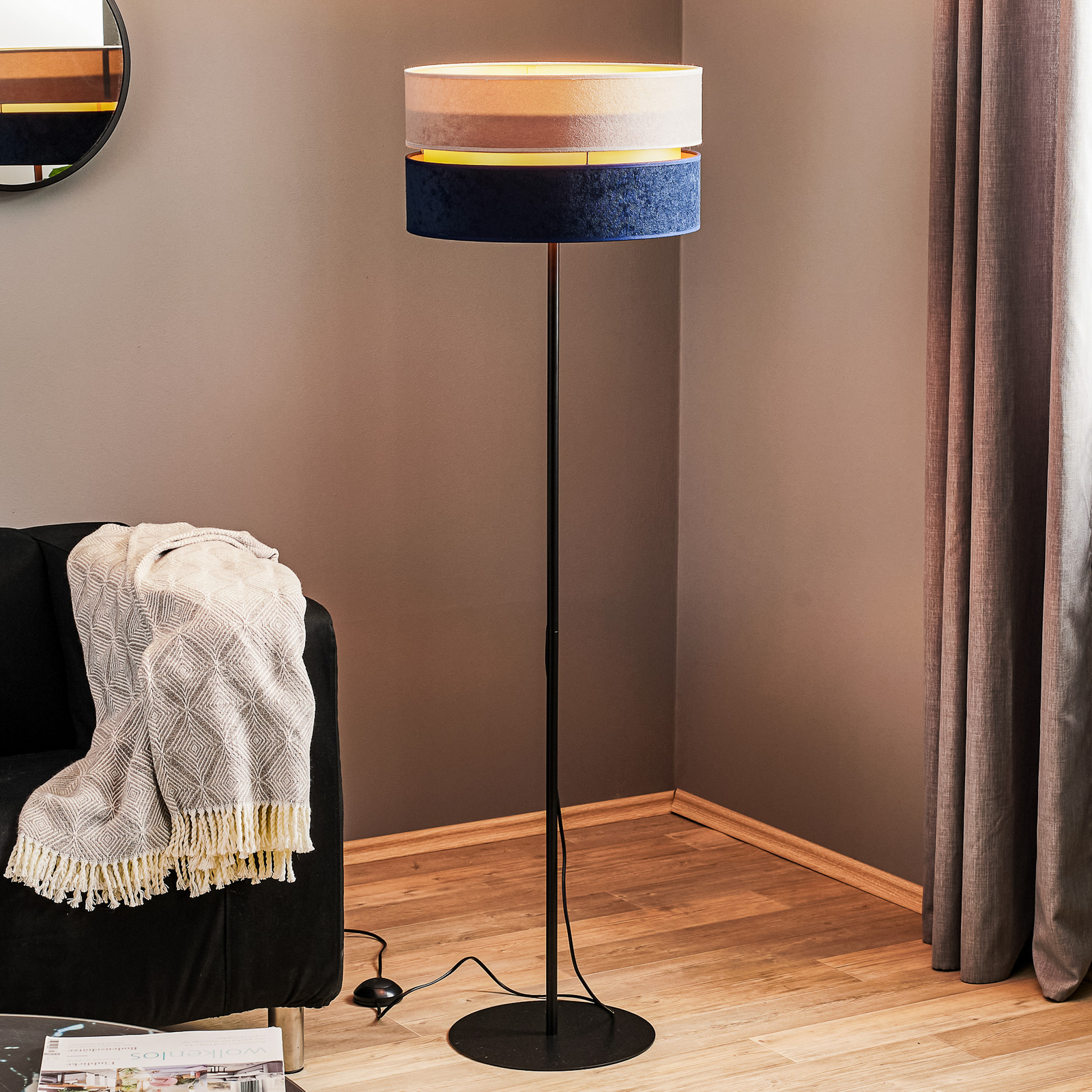 Lampadaire Duo, bleu marine/gris/doré, haut 145cm