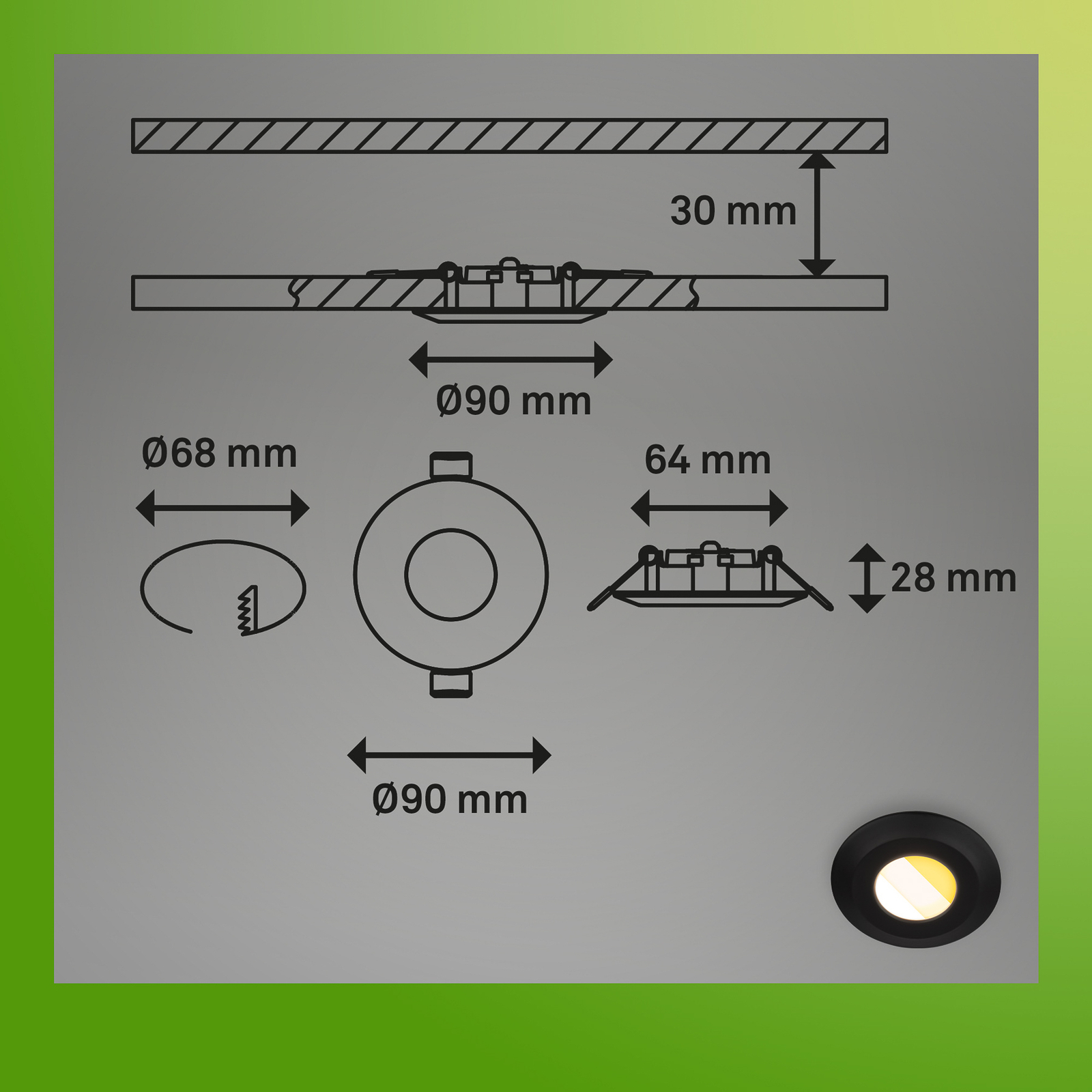 Luminaire encastrable LED Klira, noir, Ø 9cm, IP44, intensité variable, 3