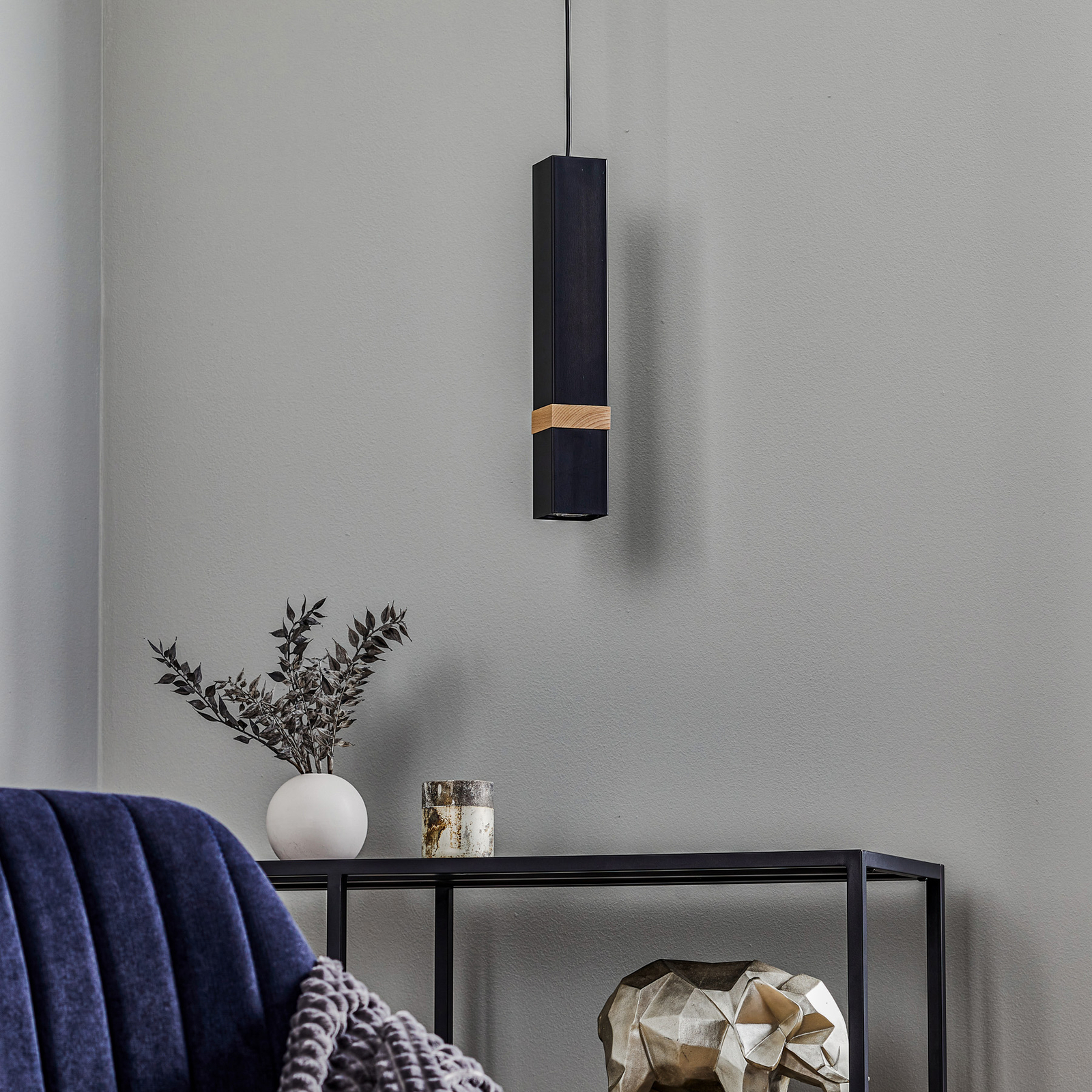 Hanglamp Vidar, zwart met houtdetail 1-lamp