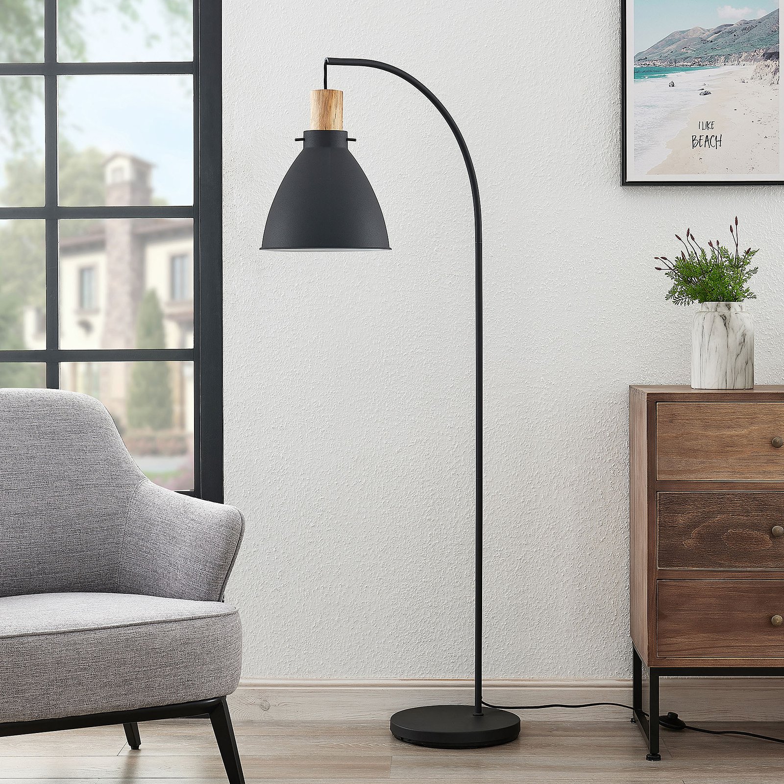Trebale Floor Lamp Black/Light Wood - Lindby