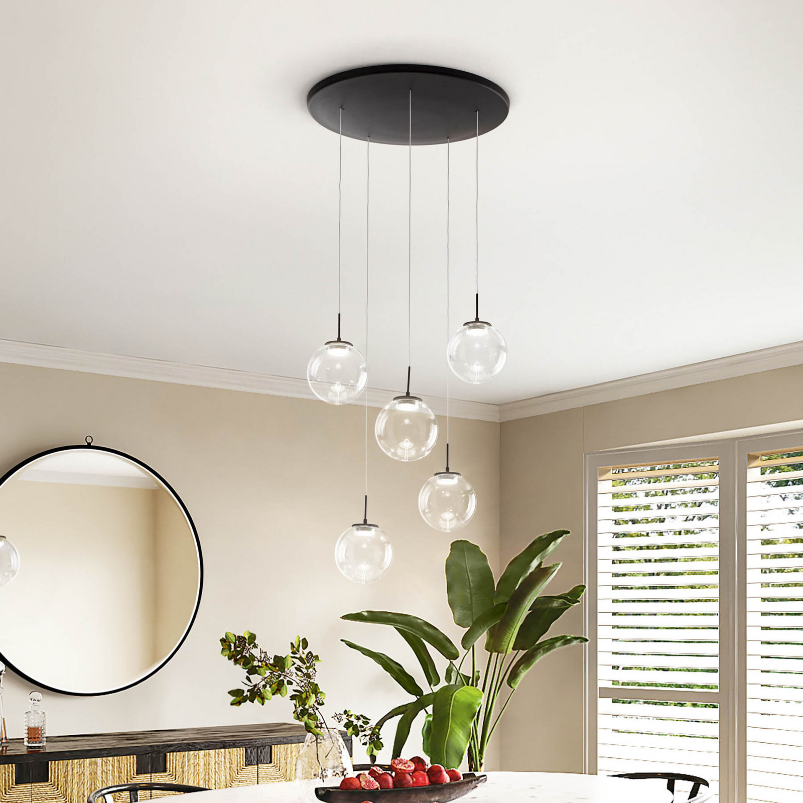 Fabas Luce Lampă suspendată LED Ariel 5 becuri rotundă variator pas cu pas CCT - Camera de zi / sufragerie - modern - negru transparent - Sticlă