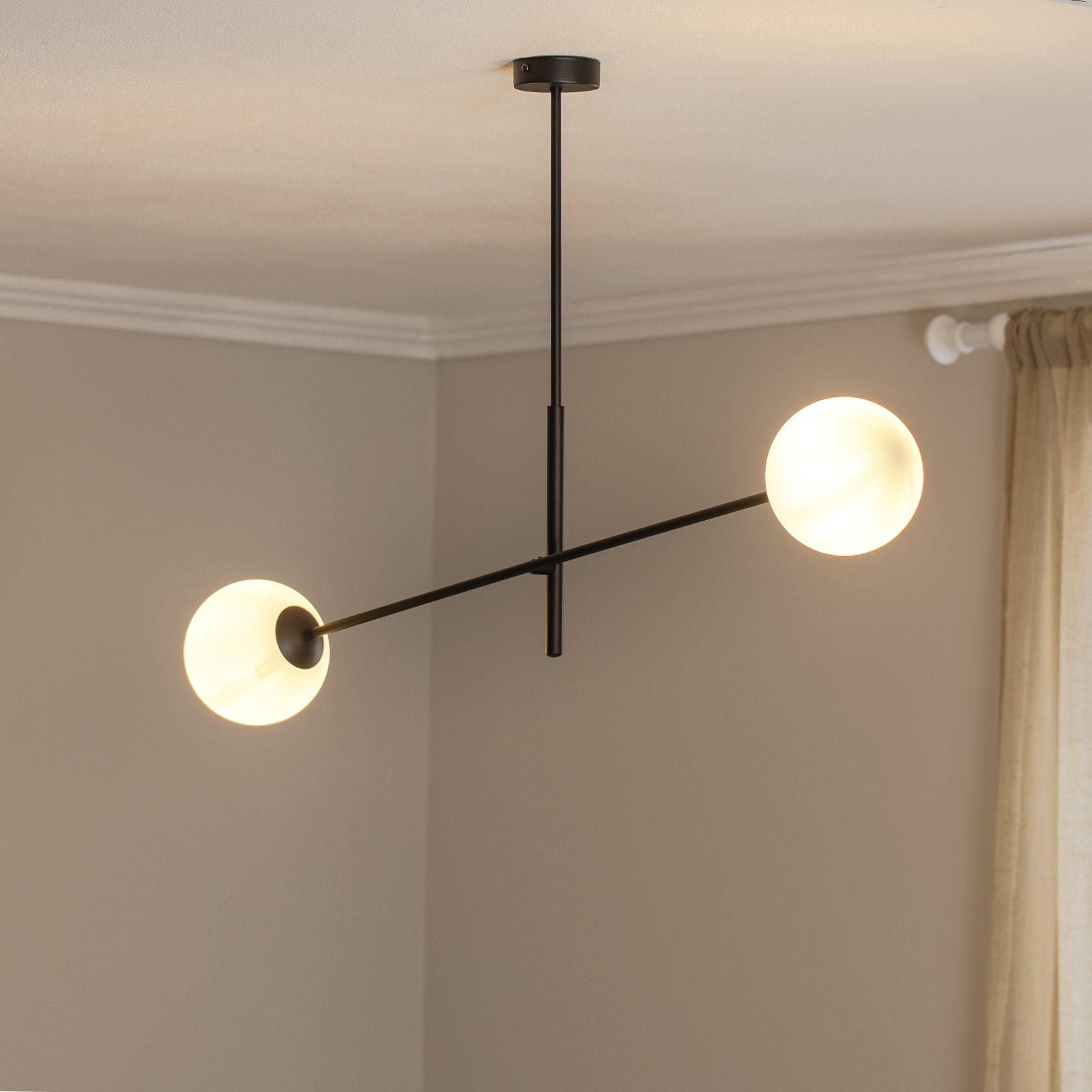 Linear ceiling lamp, black/opal, two-bulb