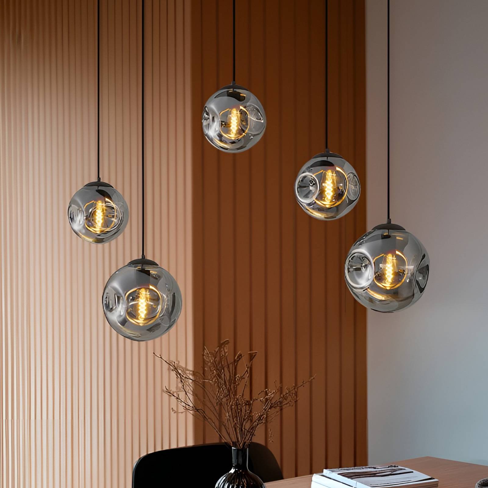 Lindby Hängeleuchte Valentina, Glas, rauchgrau, rund, 125cm günstig online kaufen