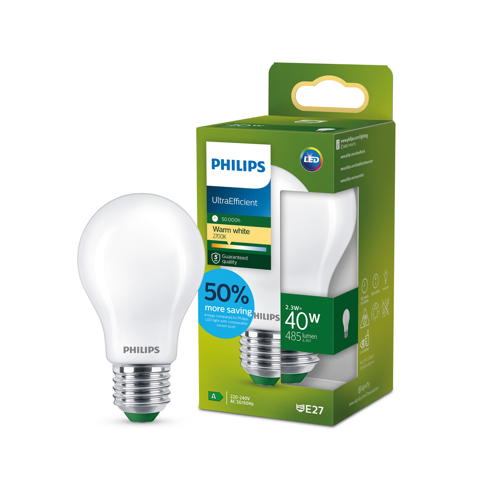 Philips E27 LED bulb A60 2.3W 485lm 2,700K matt