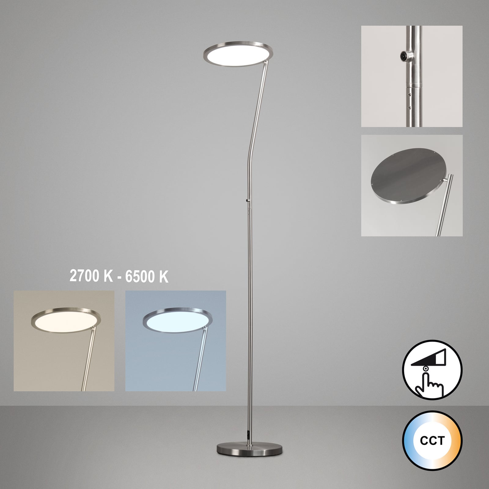 LED-Stehlampe Velara nickelfarben Höhe 175 cm, Metall Dimmer