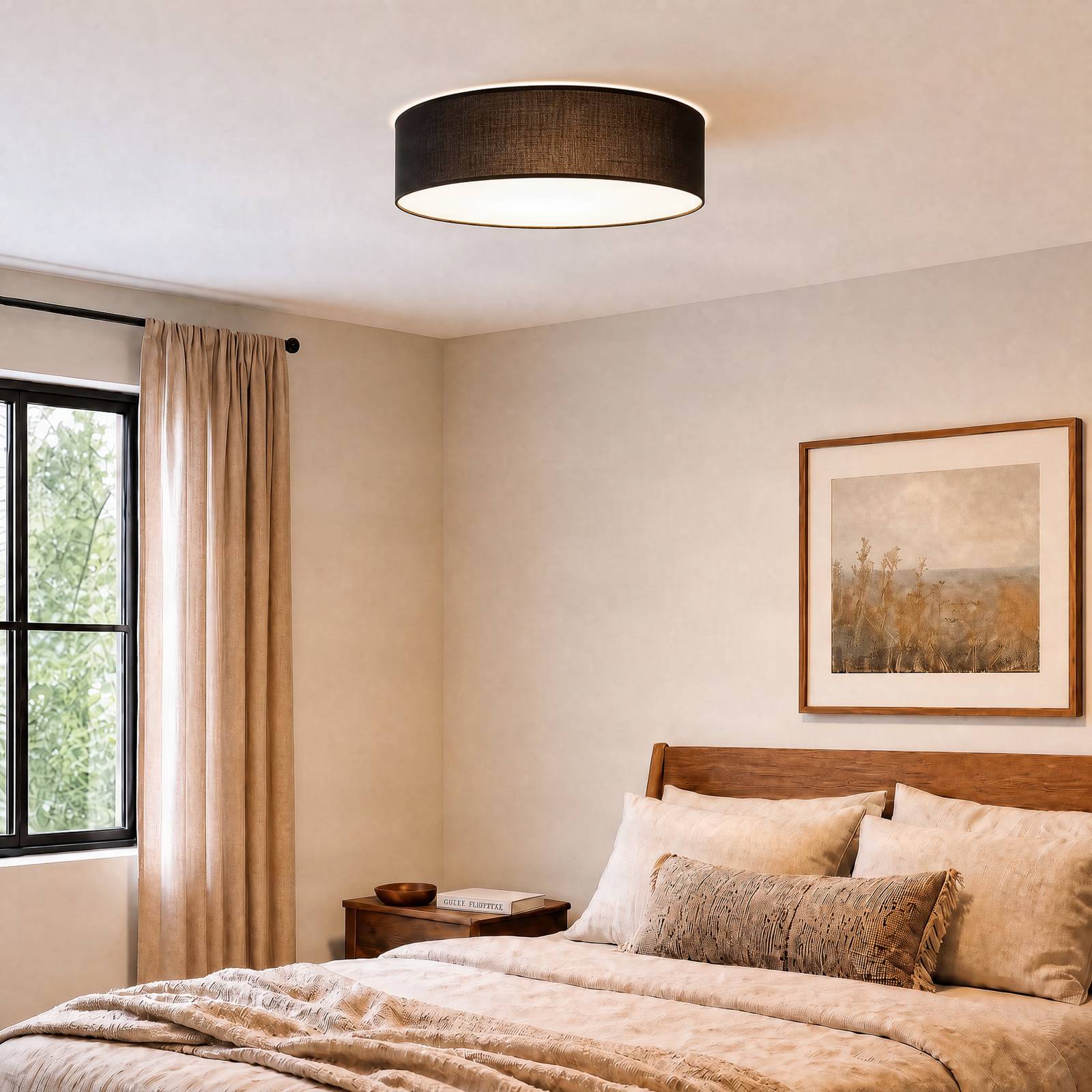 Milagro Lighting Plafondlamp Marshall, zwart, Ø 50 cm, metaal/rotan