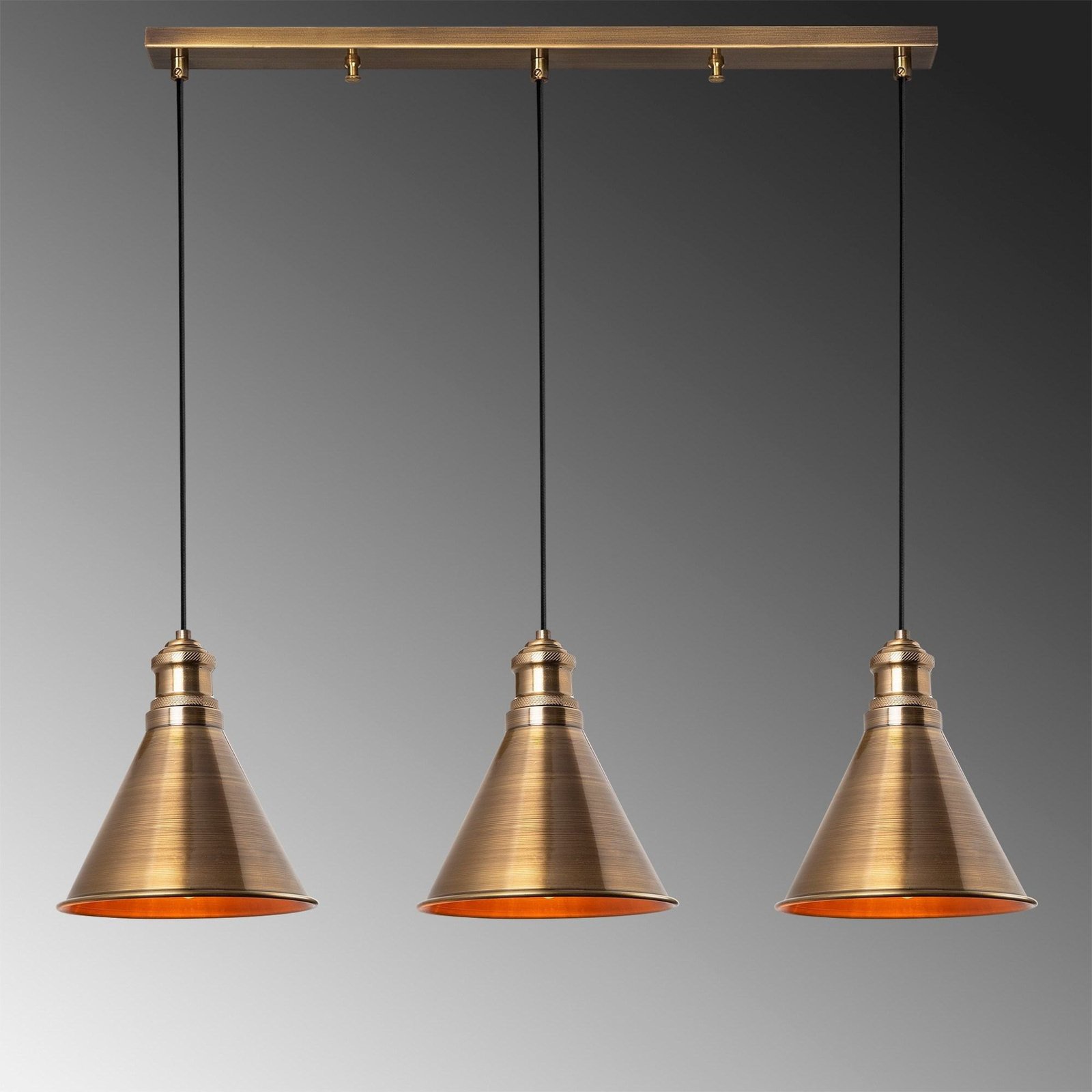 Hanglamp Sivani MR-314, goud antiek, ijzer 3-lamps lineair