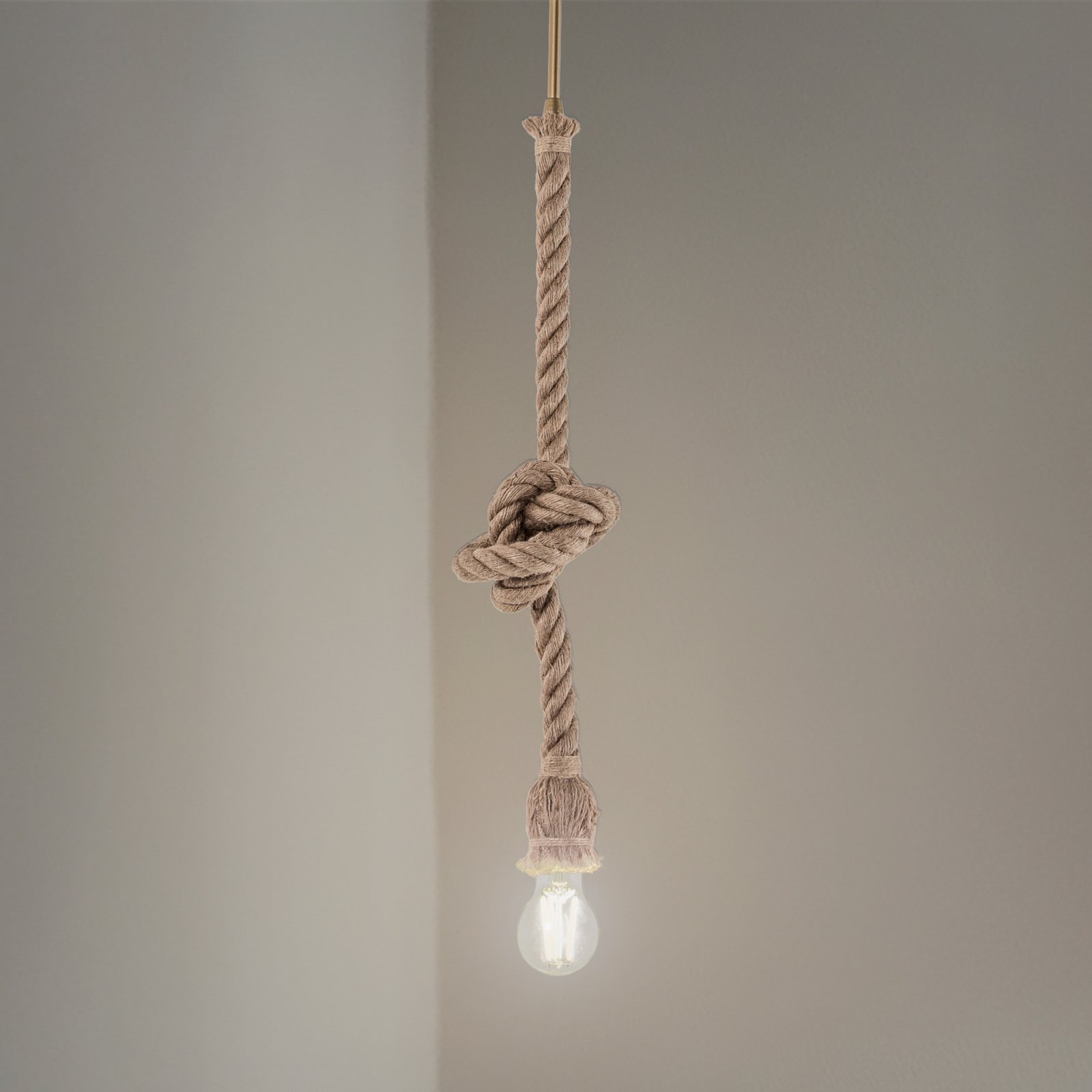 AYD lógó lámpa, bézs, kötél, magasság 70 cm, E27, kézzel készített